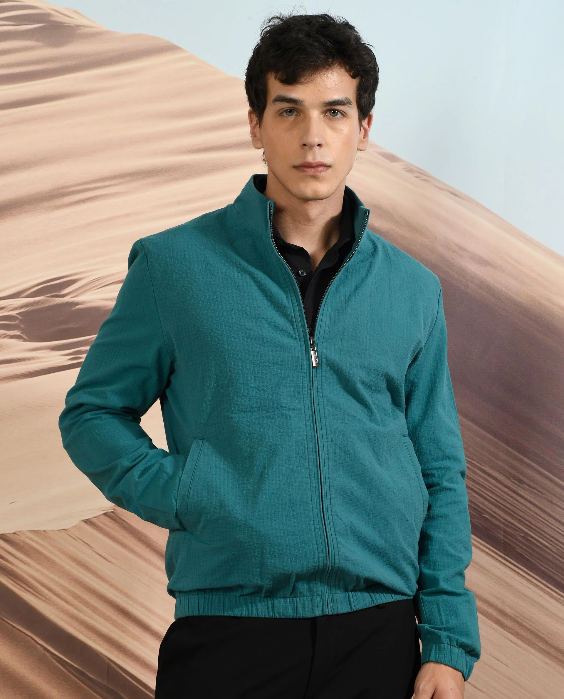 Rare Rabbit Men's Kenny Green Polyester Plain Regular Fit Full Sleeve High Neck Jacket - Image 4