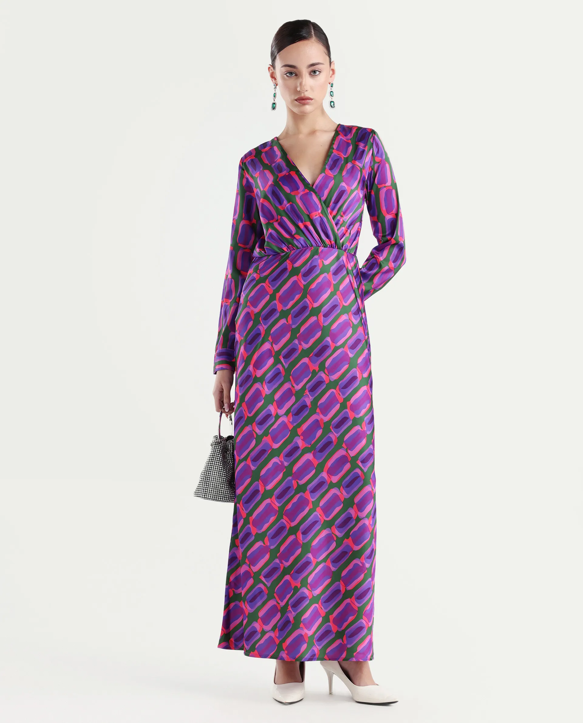 Rareism Women's Kenra Purple Polyester Collarless Geometric Print Maxi Relaxed Fit Dress - Image 2