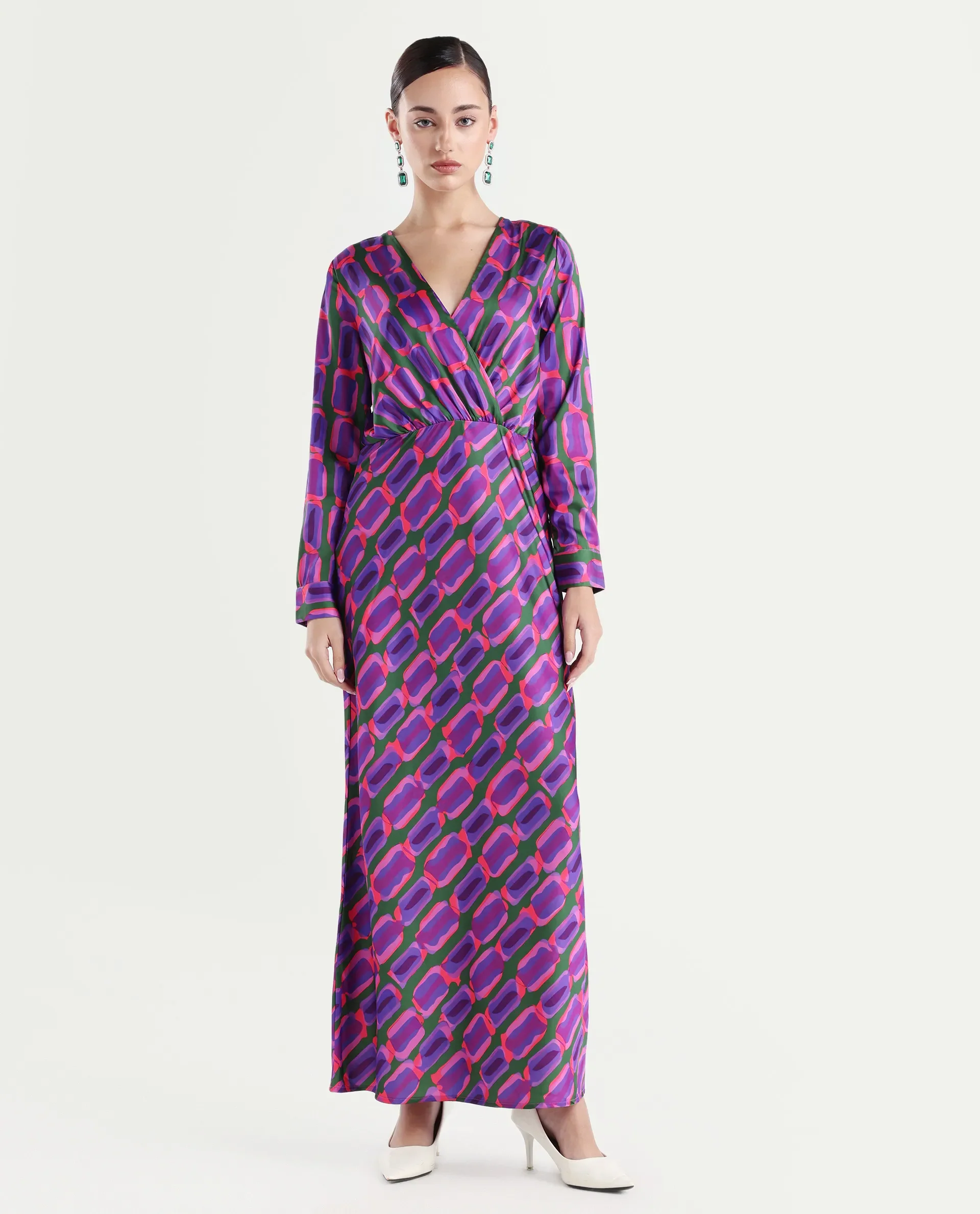 Rareism Women's Kenra Purple Polyester Collarless Geometric Print Maxi Relaxed Fit Dress - Image 3