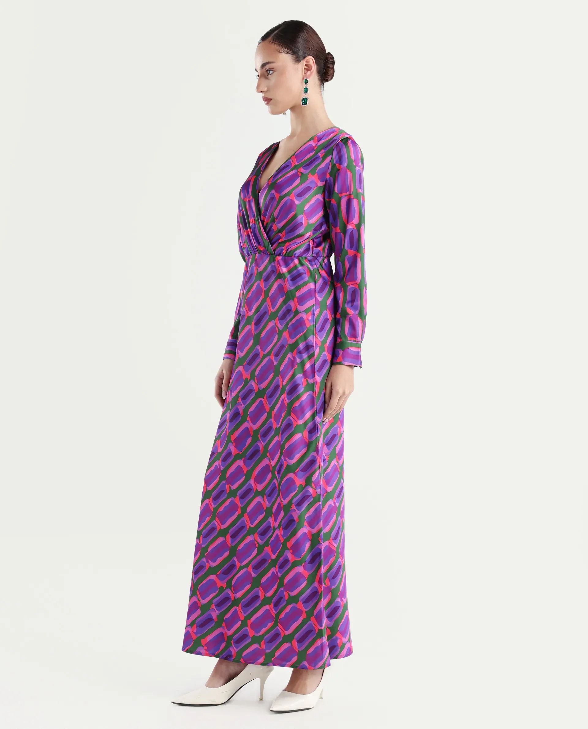 Rareism Women's Kenra Purple Polyester Collarless Geometric Print Maxi Relaxed Fit Dress - Image 5