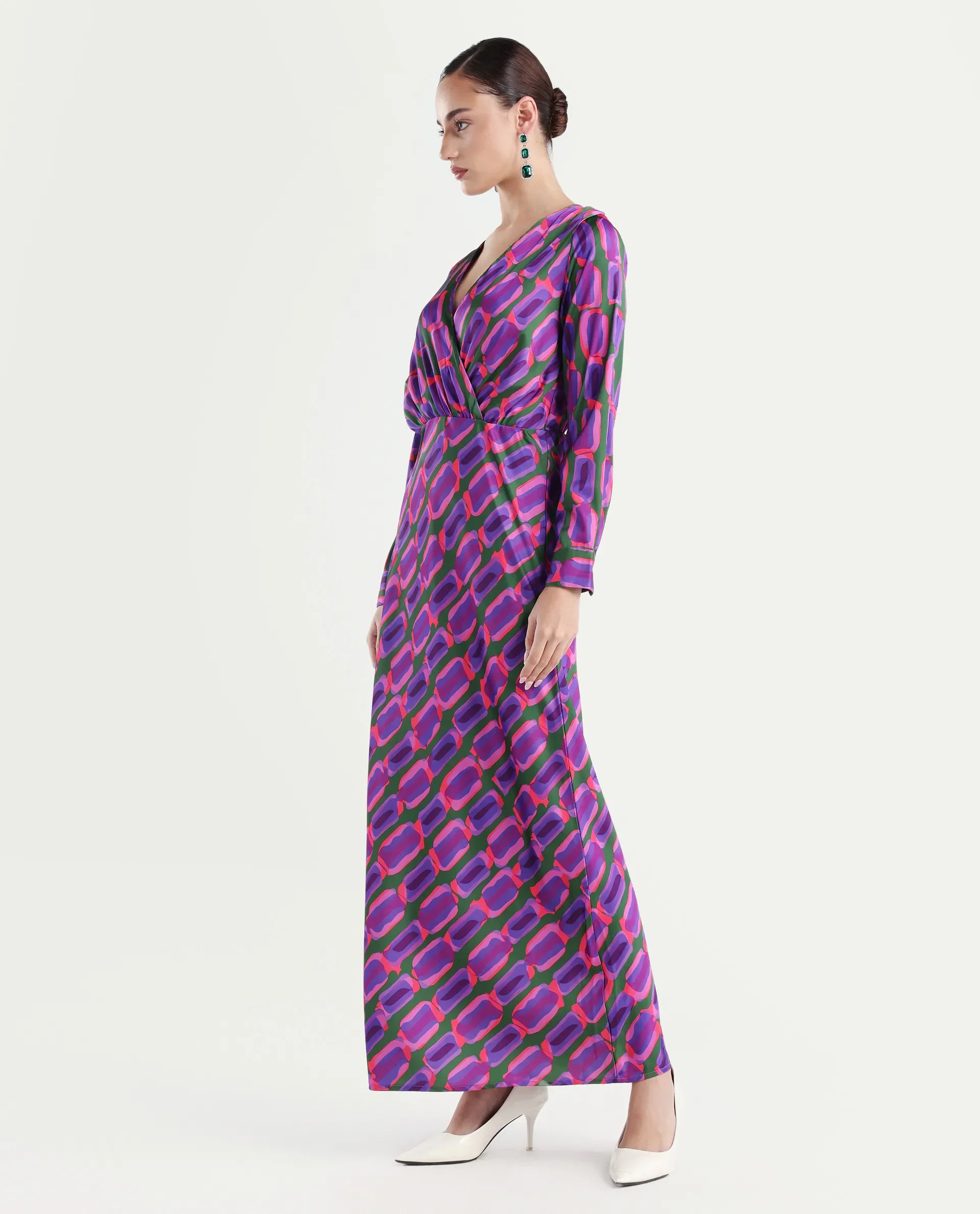 Rareism Women's Kenra Purple Polyester Collarless Geometric Print Maxi Relaxed Fit Dress - Image 6