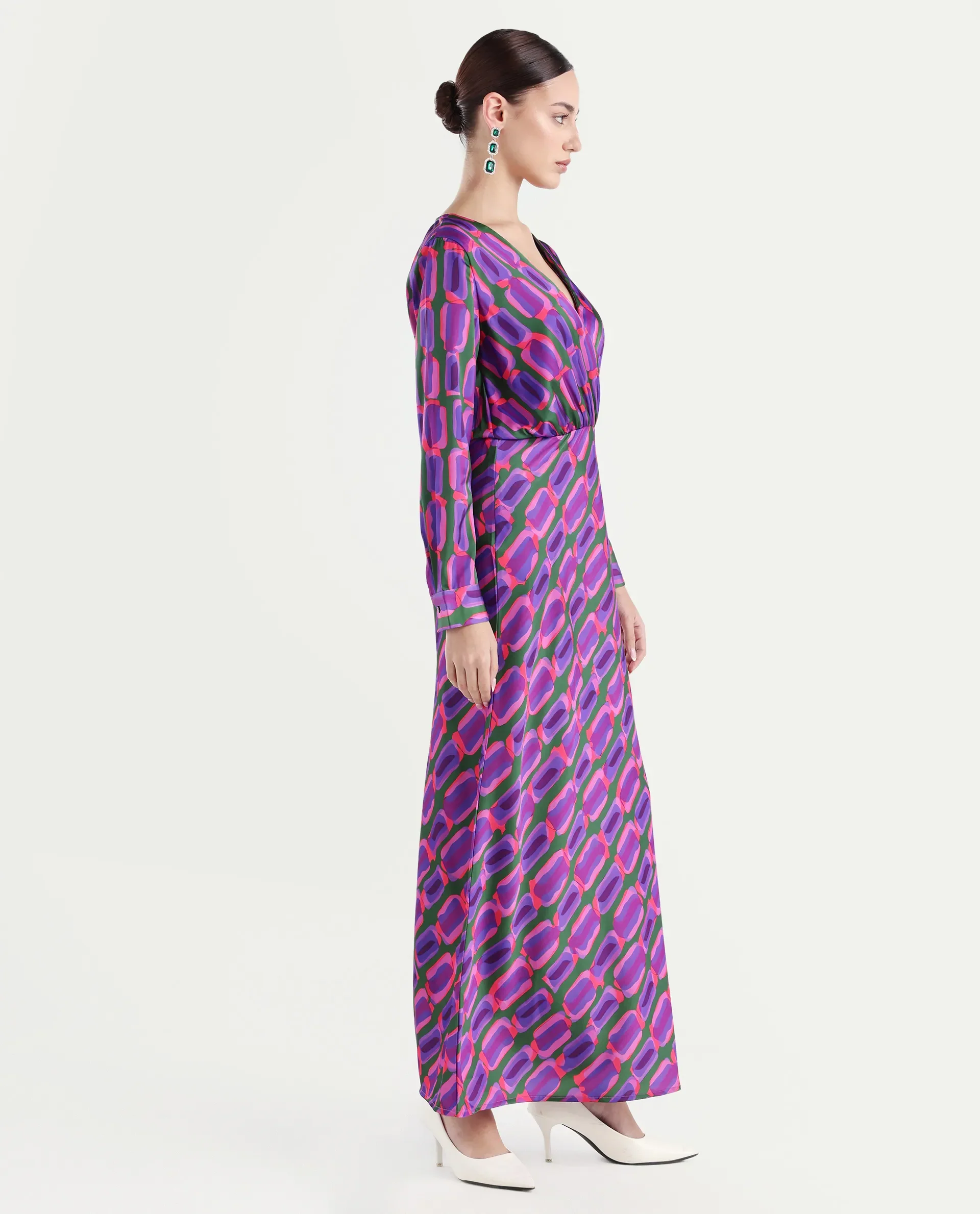 Rareism Women's Kenra Purple Polyester Collarless Geometric Print Maxi Relaxed Fit Dress - Image 7
