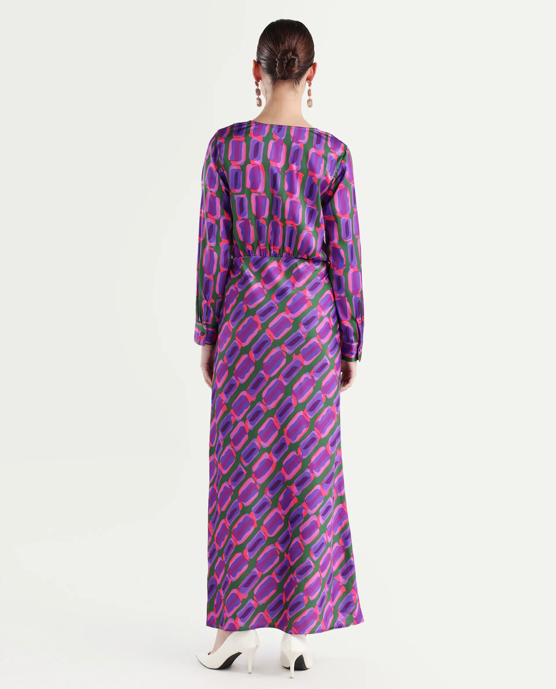 Rareism Women's Kenra Purple Polyester Collarless Geometric Print Maxi Relaxed Fit Dress - Image 8