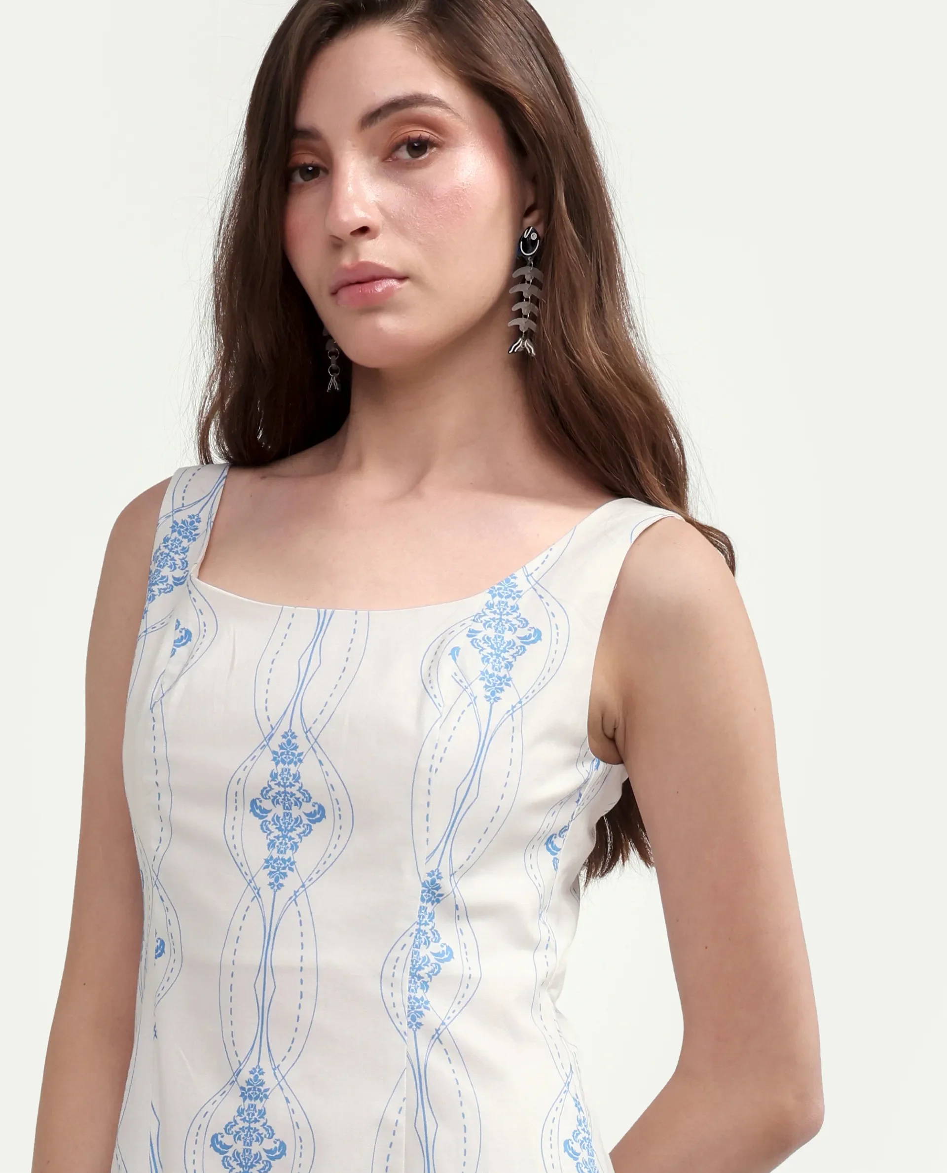 Rareism Women's Kenro Off White Cotton Square Neck Fit And Flare Printed Dress - Image 3