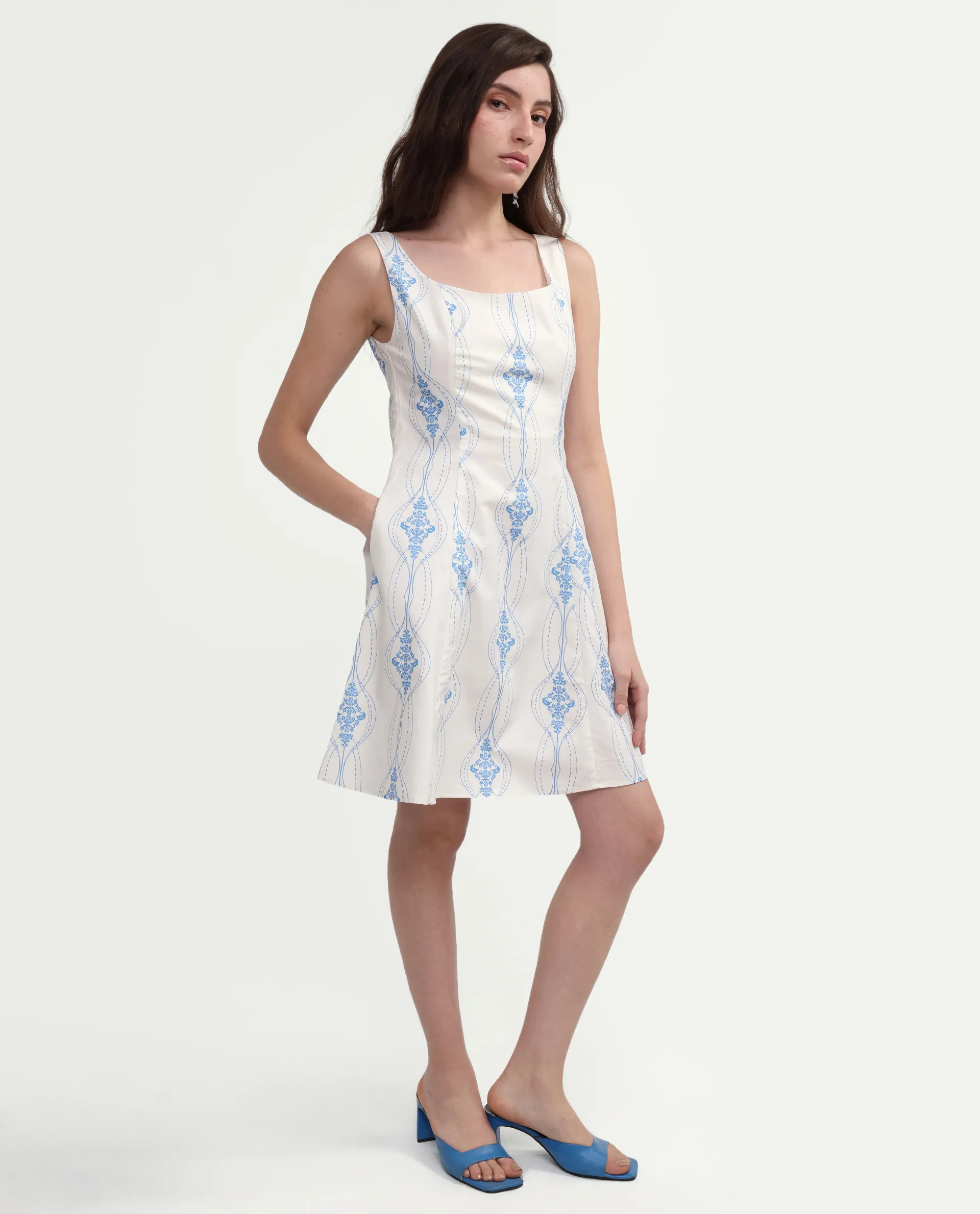 Rareism Women's Kenro Off White Cotton Square Neck Fit And Flare Printed Dress - Image 5