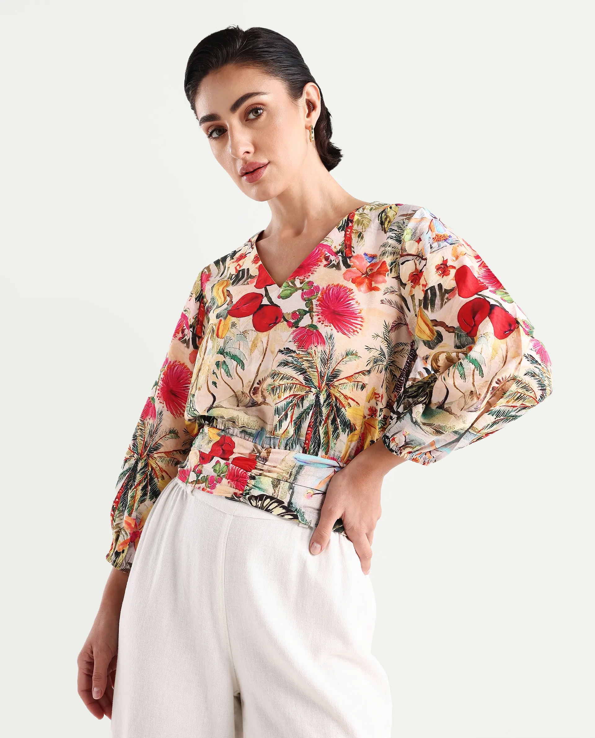 Rareism Women's Kenro Multi Nylon Blend V-Neck Tropical Print Bell Sleeve Crop Regular Fit Top