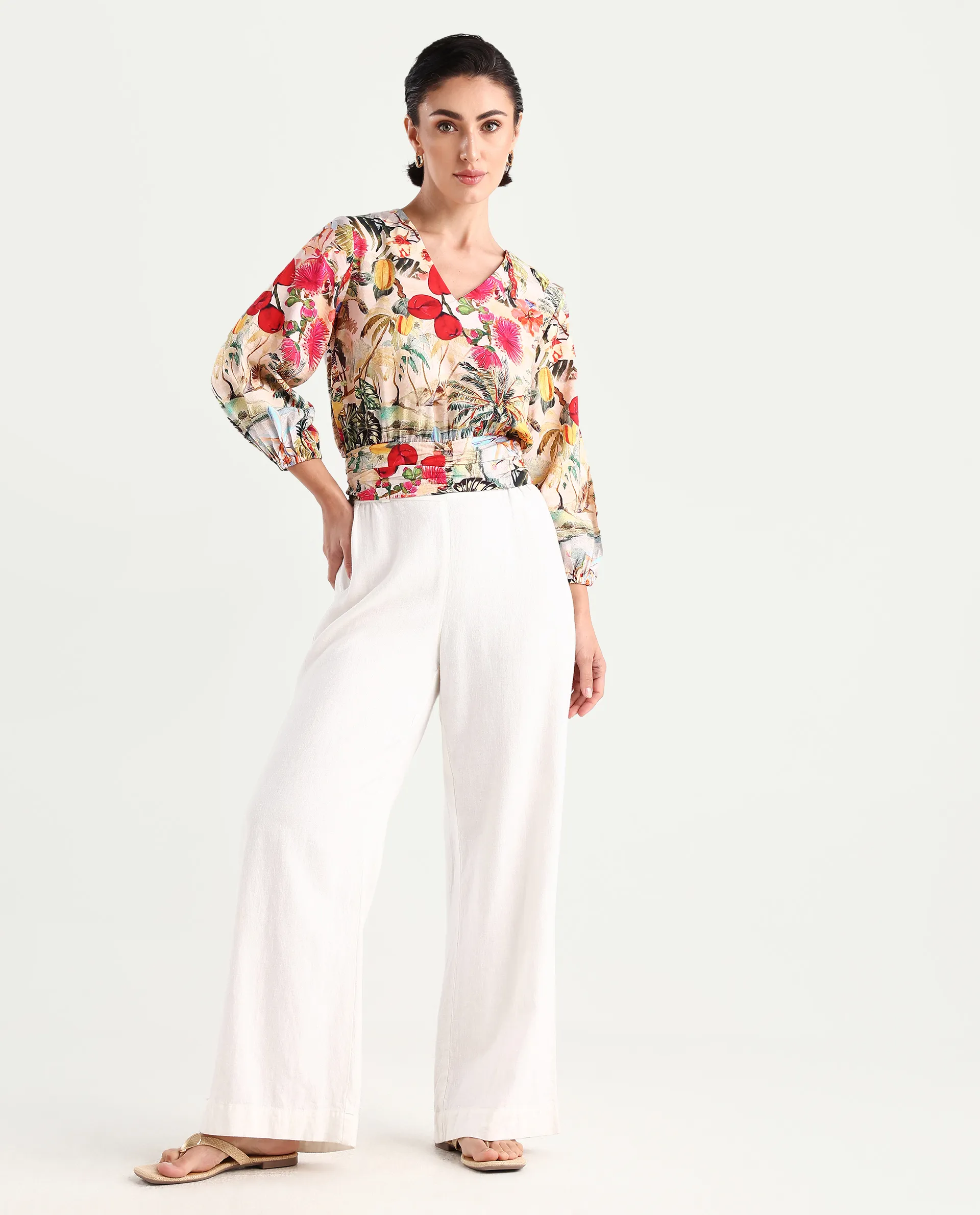 Rareism Women's Kenro Multi Nylon Blend V-Neck Tropical Print Bell Sleeve Crop Regular Fit Top - Image 2