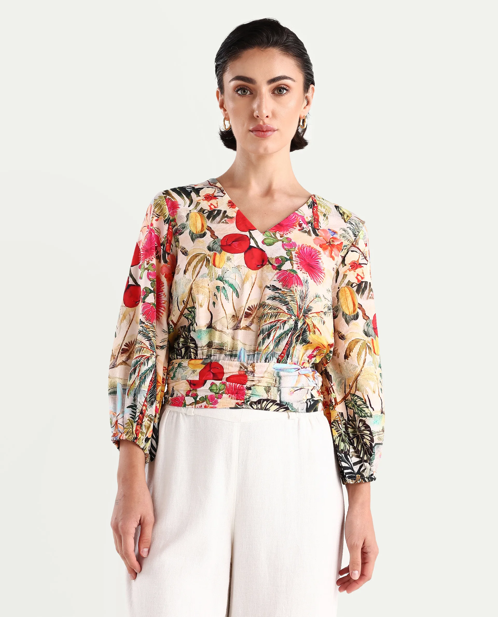 Rareism Women's Kenro Multi Nylon Blend V-Neck Tropical Print Bell Sleeve Crop Regular Fit Top - Image 3
