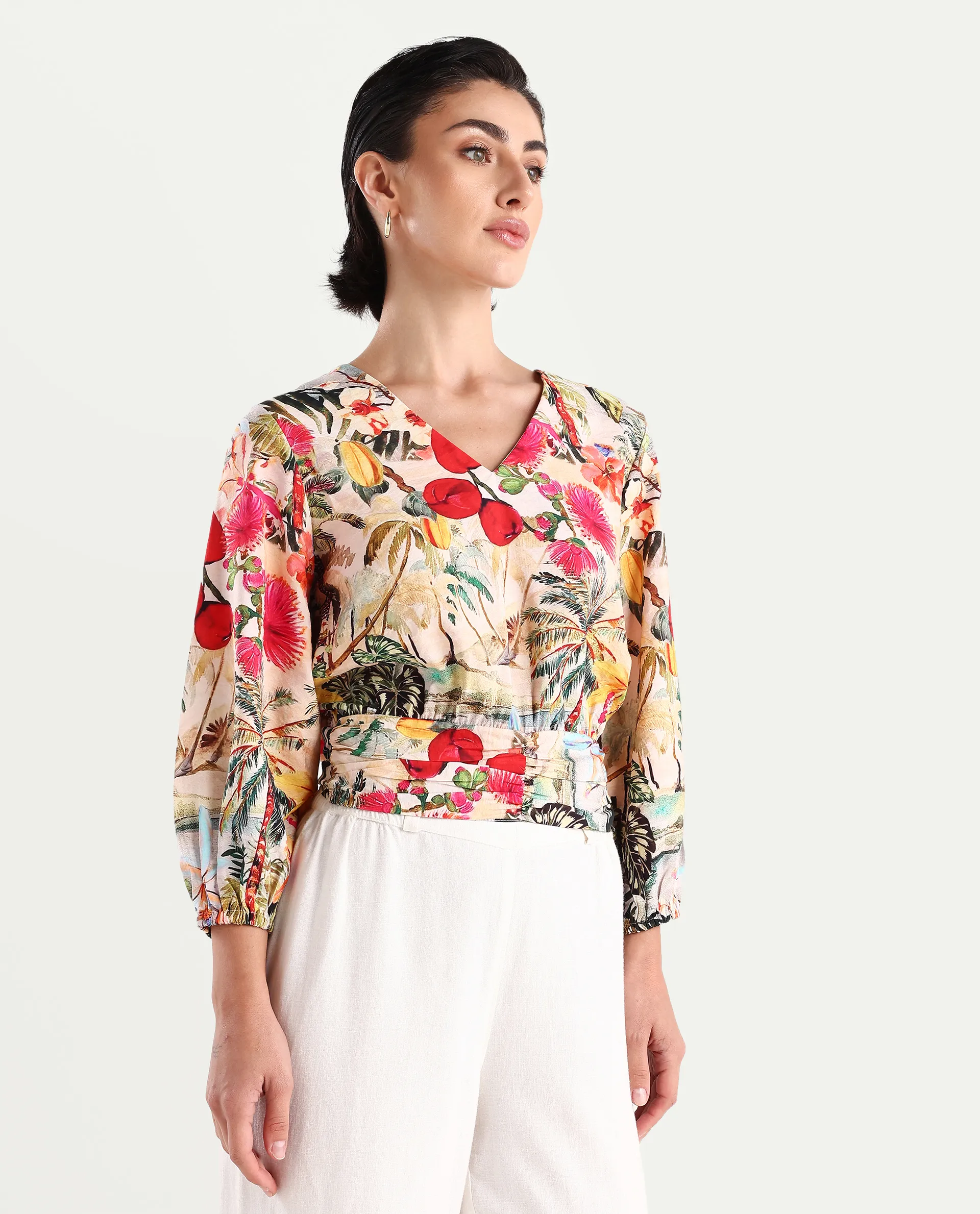 Rareism Women's Kenro Multi Nylon Blend V-Neck Tropical Print Bell Sleeve Crop Regular Fit Top - Image 5