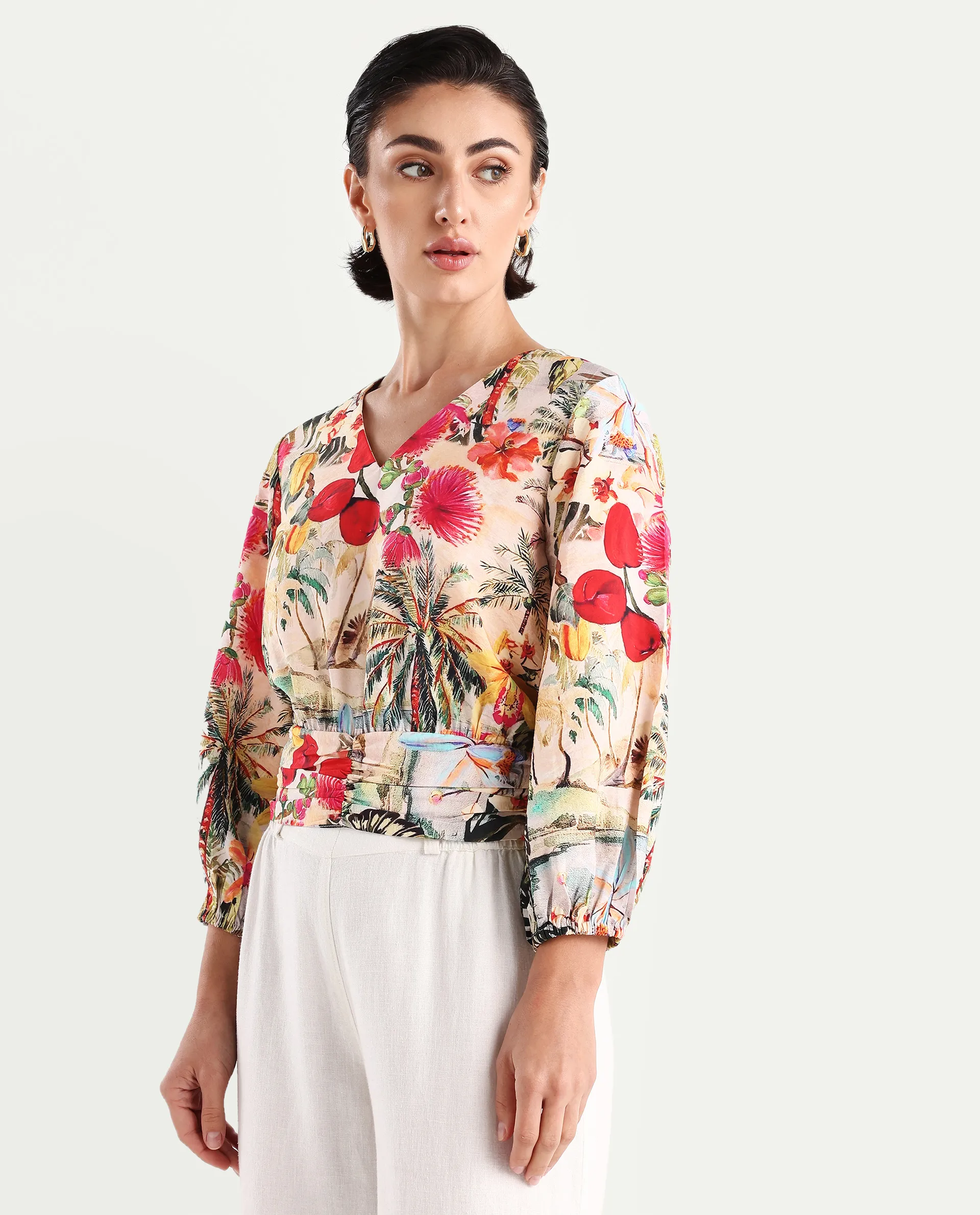 Rareism Women's Kenro Multi Nylon Blend V-Neck Tropical Print Bell Sleeve Crop Regular Fit Top - Image 6