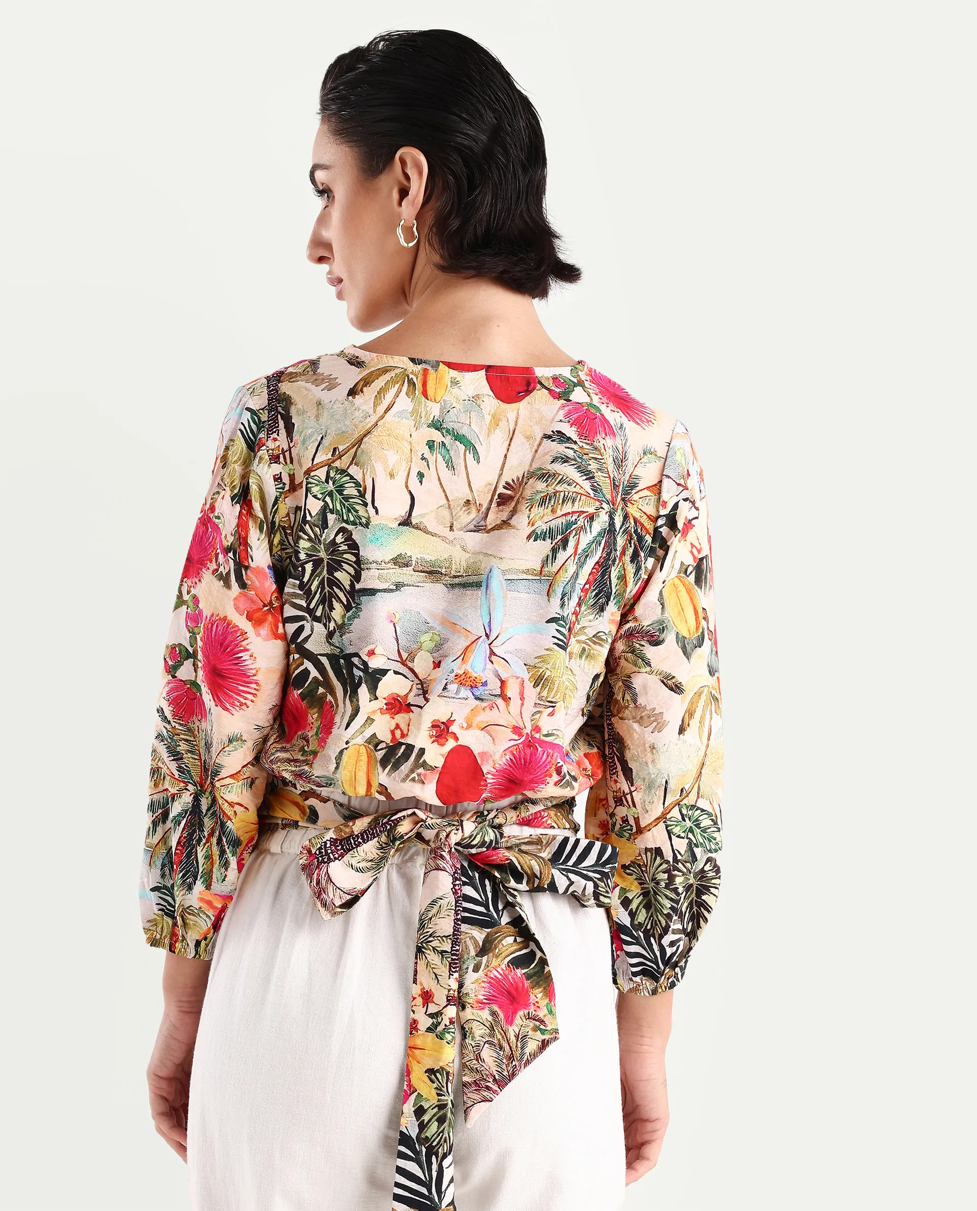Rareism Women's Kenro Multi Nylon Blend V-Neck Tropical Print Bell Sleeve Crop Regular Fit Top - Image 7
