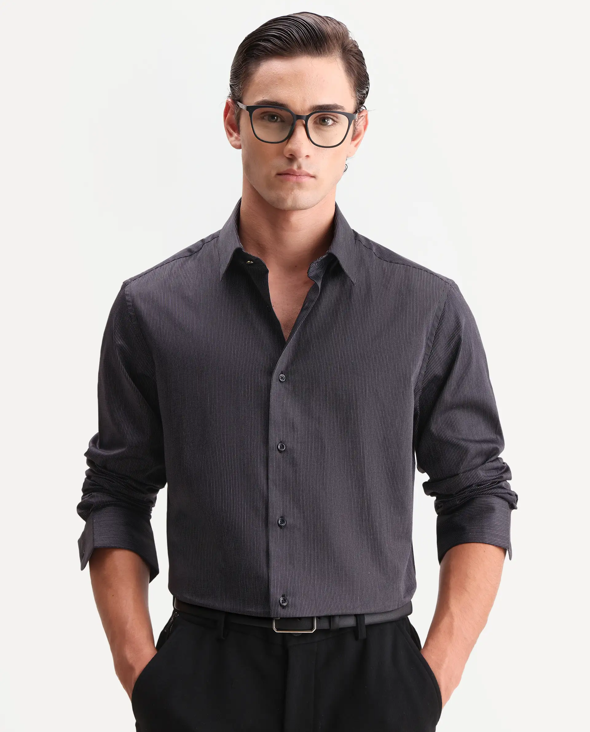 Rare Rabbit Men's Kent Black Cotton Fabric Full Sleeve Spread Collar Button Regular Plain Shirt