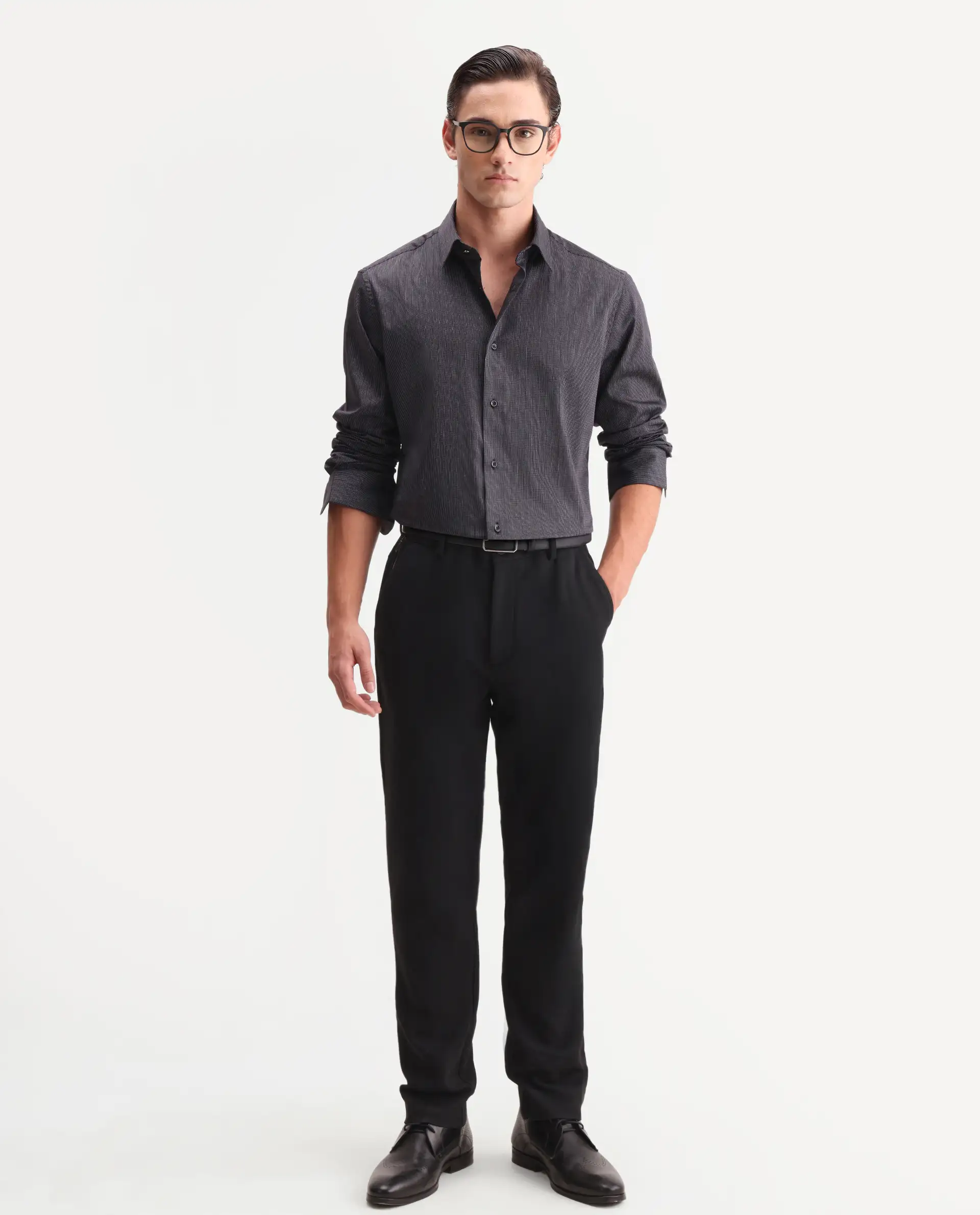 Rare Rabbit Men's Kent Black Cotton Fabric Full Sleeve Spread Collar Button Regular Plain Shirt - Image 2