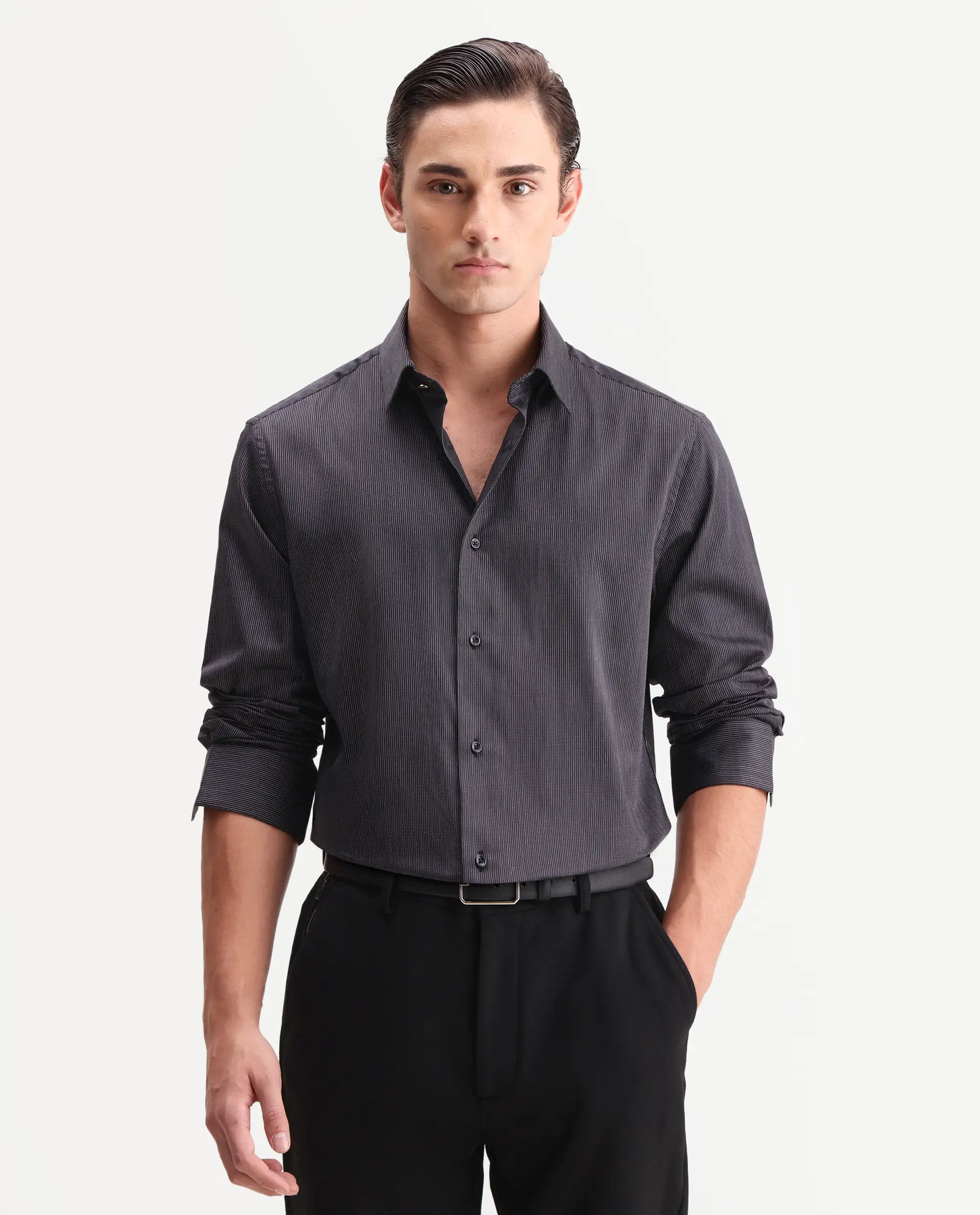 Rare Rabbit Men's Kent Black Cotton Fabric Full Sleeve Spread Collar Button Regular Plain Shirt - Image 4