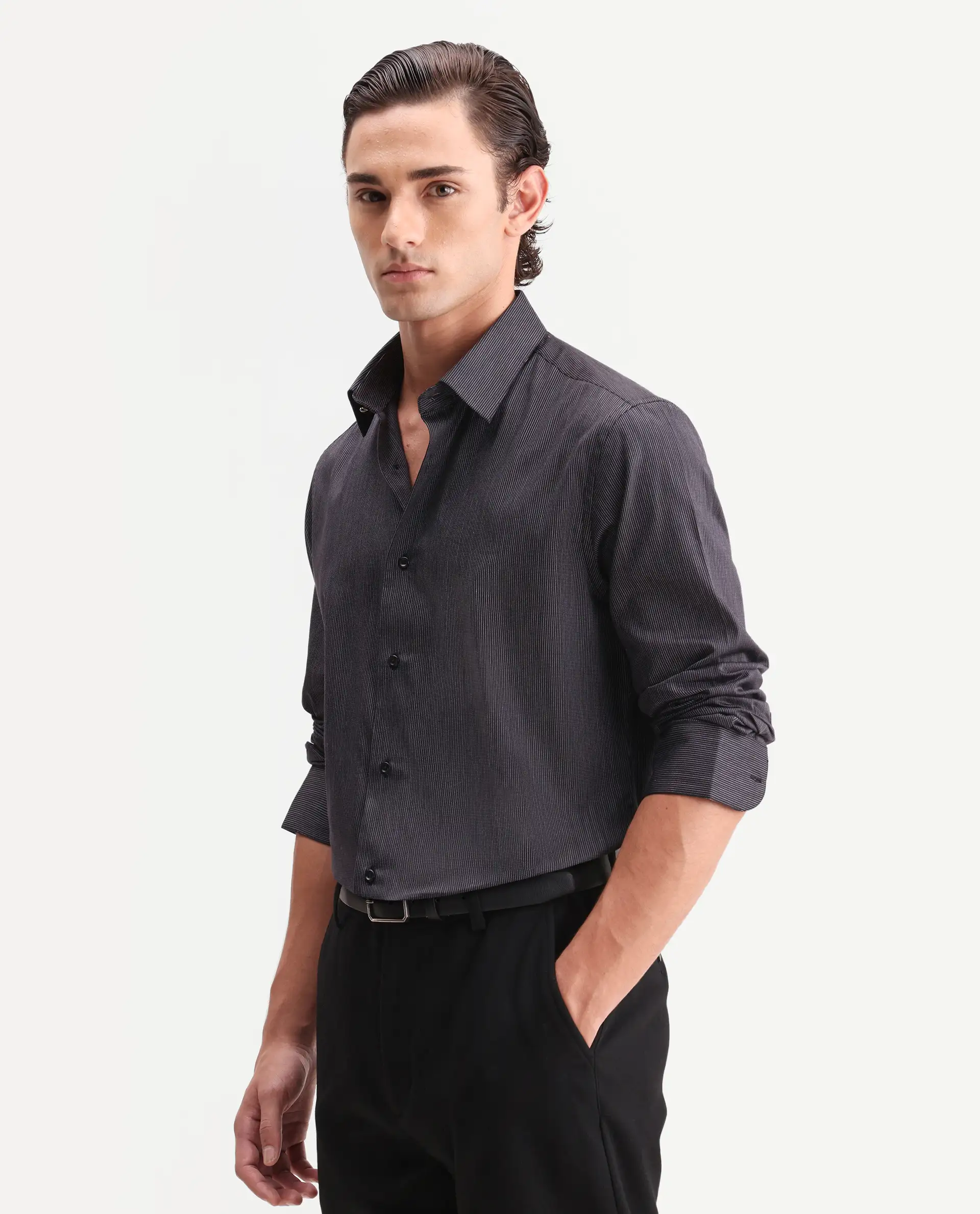 Rare Rabbit Men's Kent Black Cotton Fabric Full Sleeve Spread Collar Button Regular Plain Shirt - Image 5