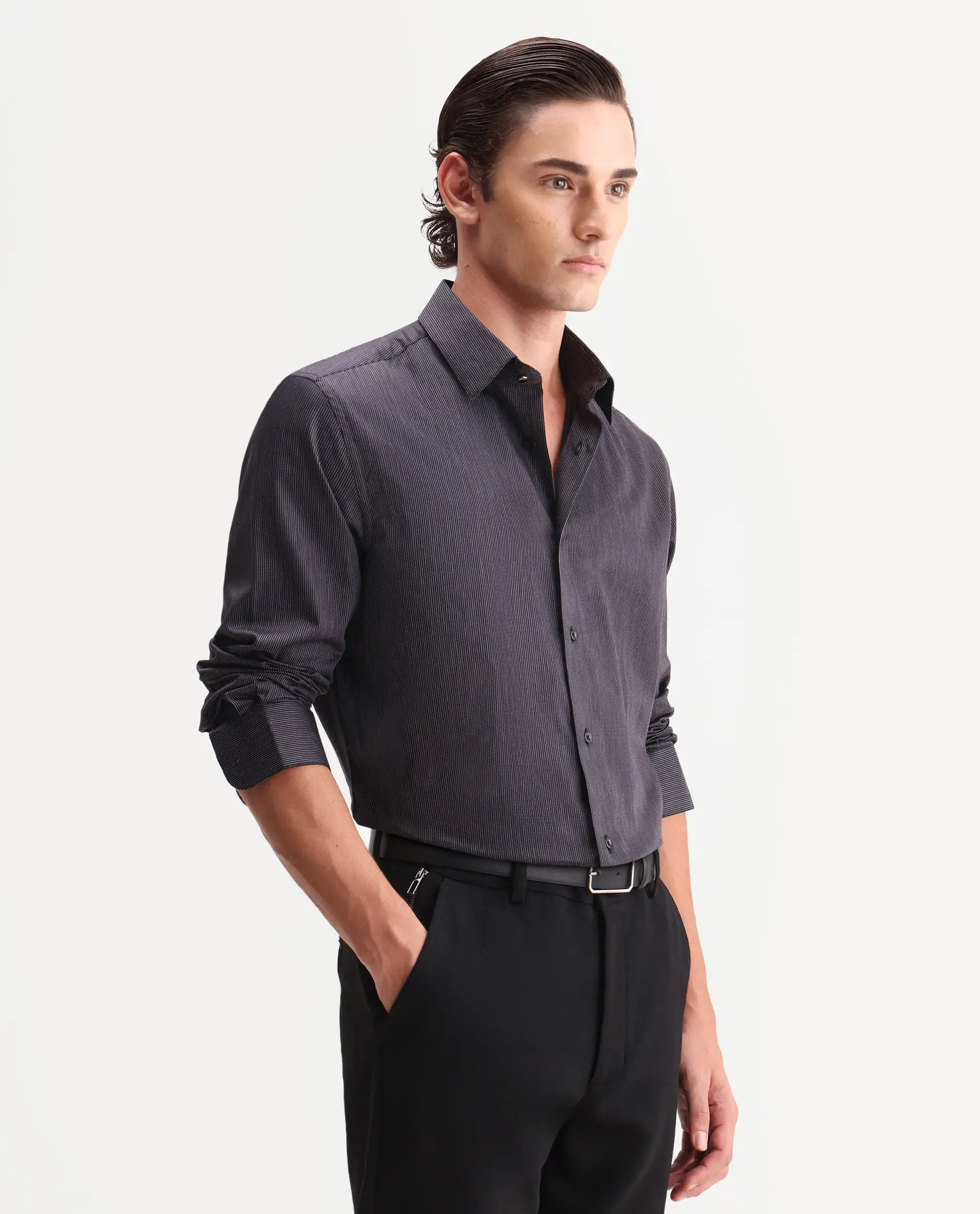Rare Rabbit Men's Kent Black Cotton Fabric Full Sleeve Spread Collar Button Regular Plain Shirt - Image 6
