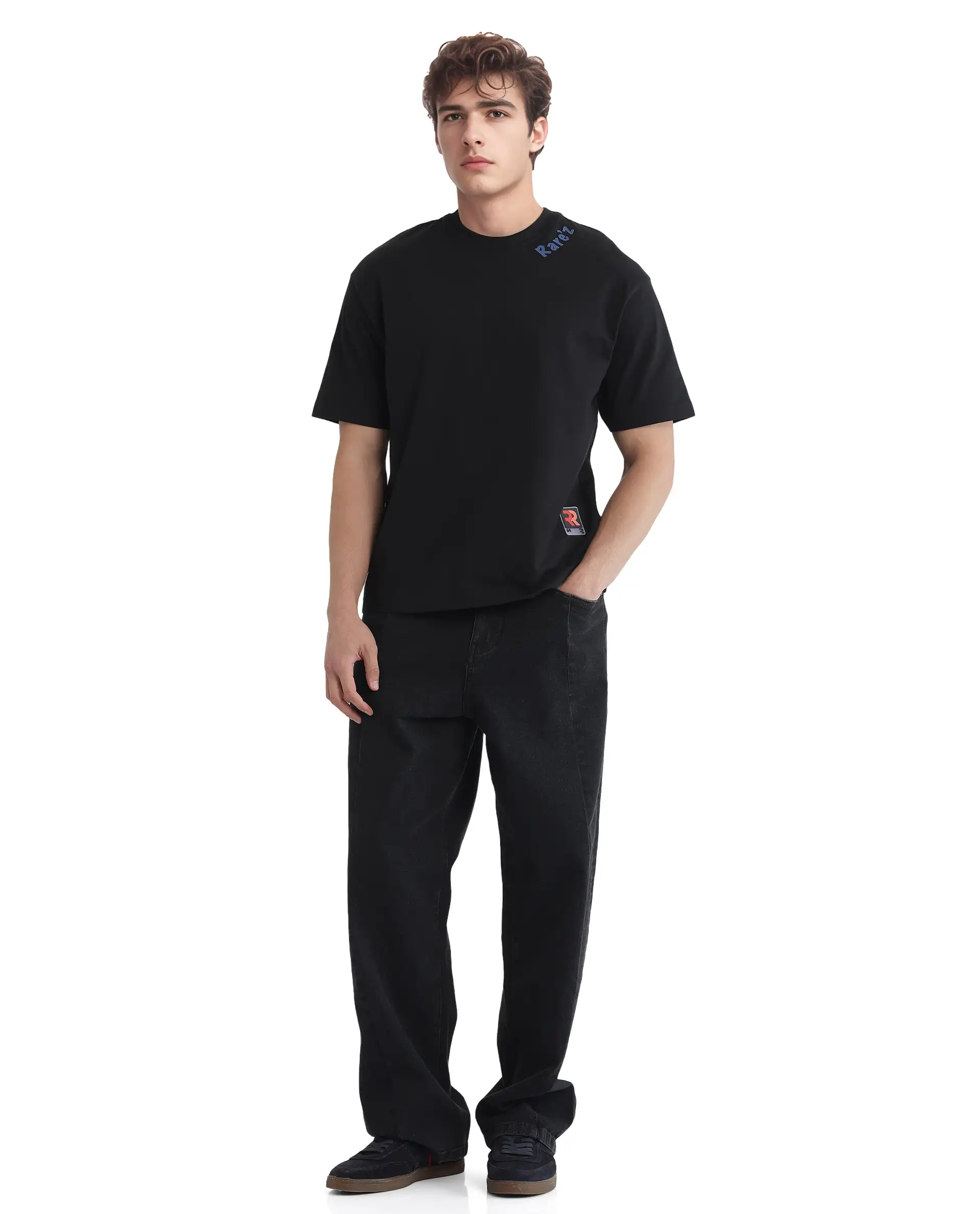 Rare Rabbit Men's Kent Black Cotton Graphic Print Oversized Fit Half Sleeve Crew Neck T-Shirt - Image 2