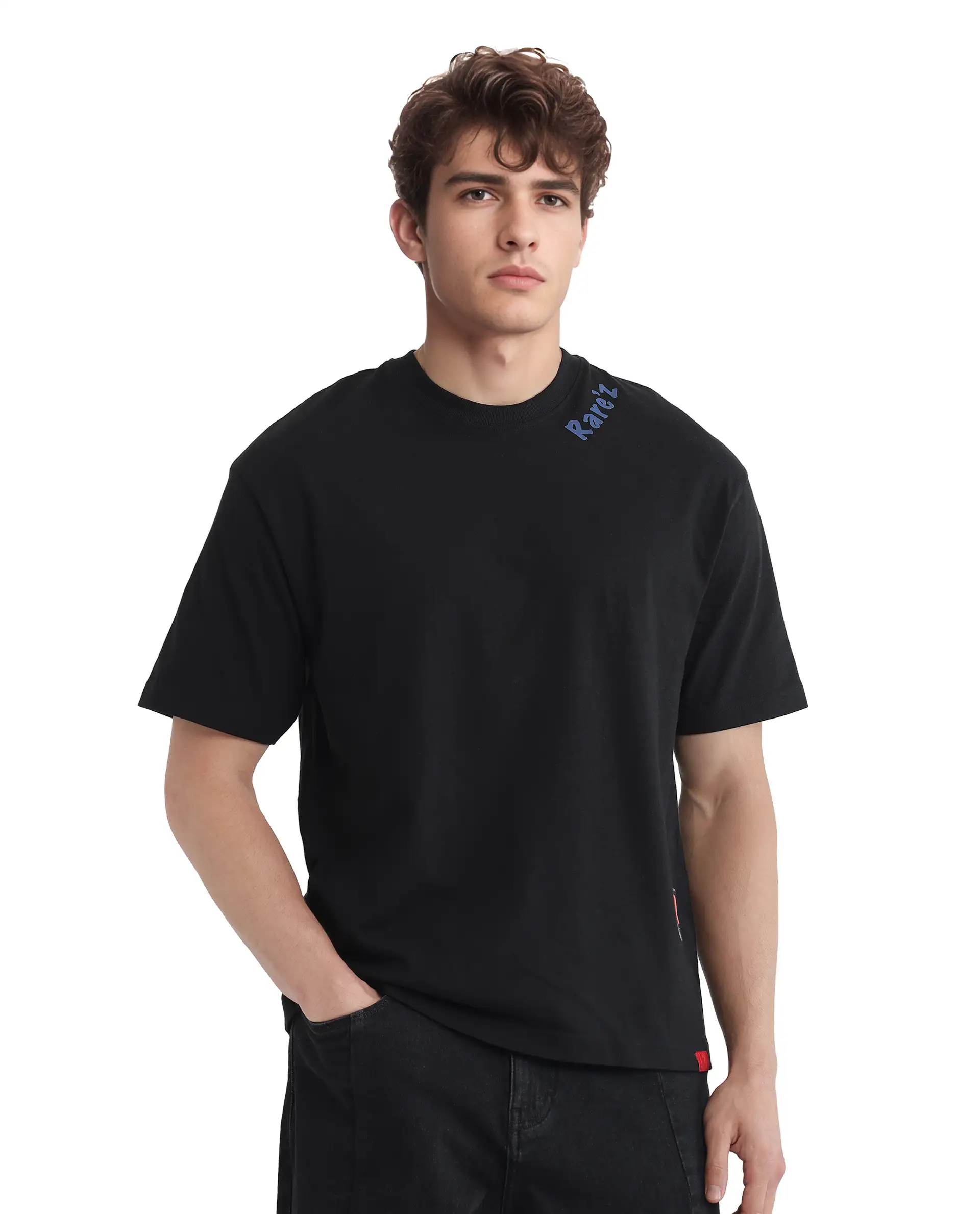 Rare Rabbit Men's Kent Black Cotton Graphic Print Oversized Fit Half Sleeve Crew Neck T-Shirt - Image 3