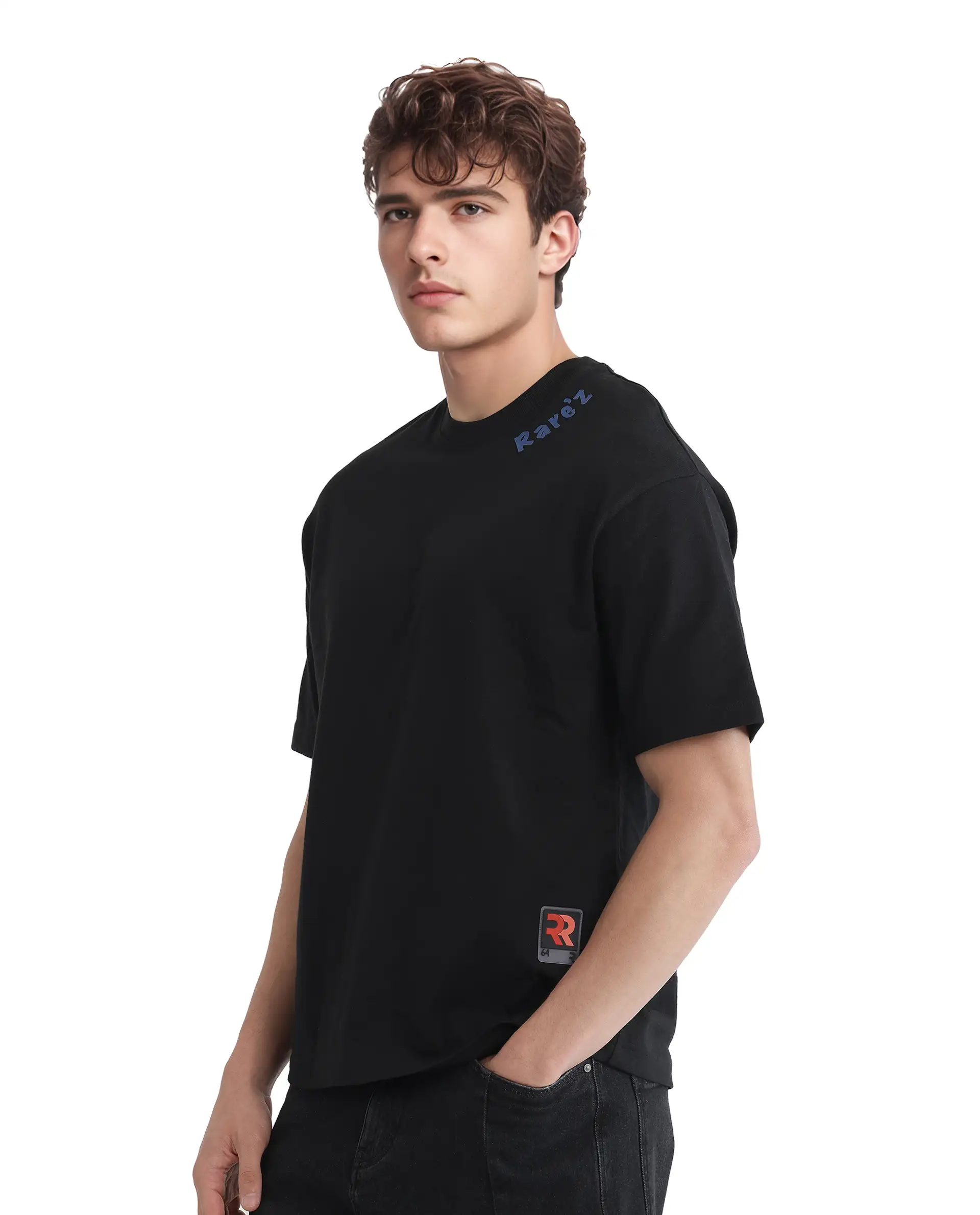 Rare Rabbit Men's Kent Black Cotton Graphic Print Oversized Fit Half Sleeve Crew Neck T-Shirt - Image 4