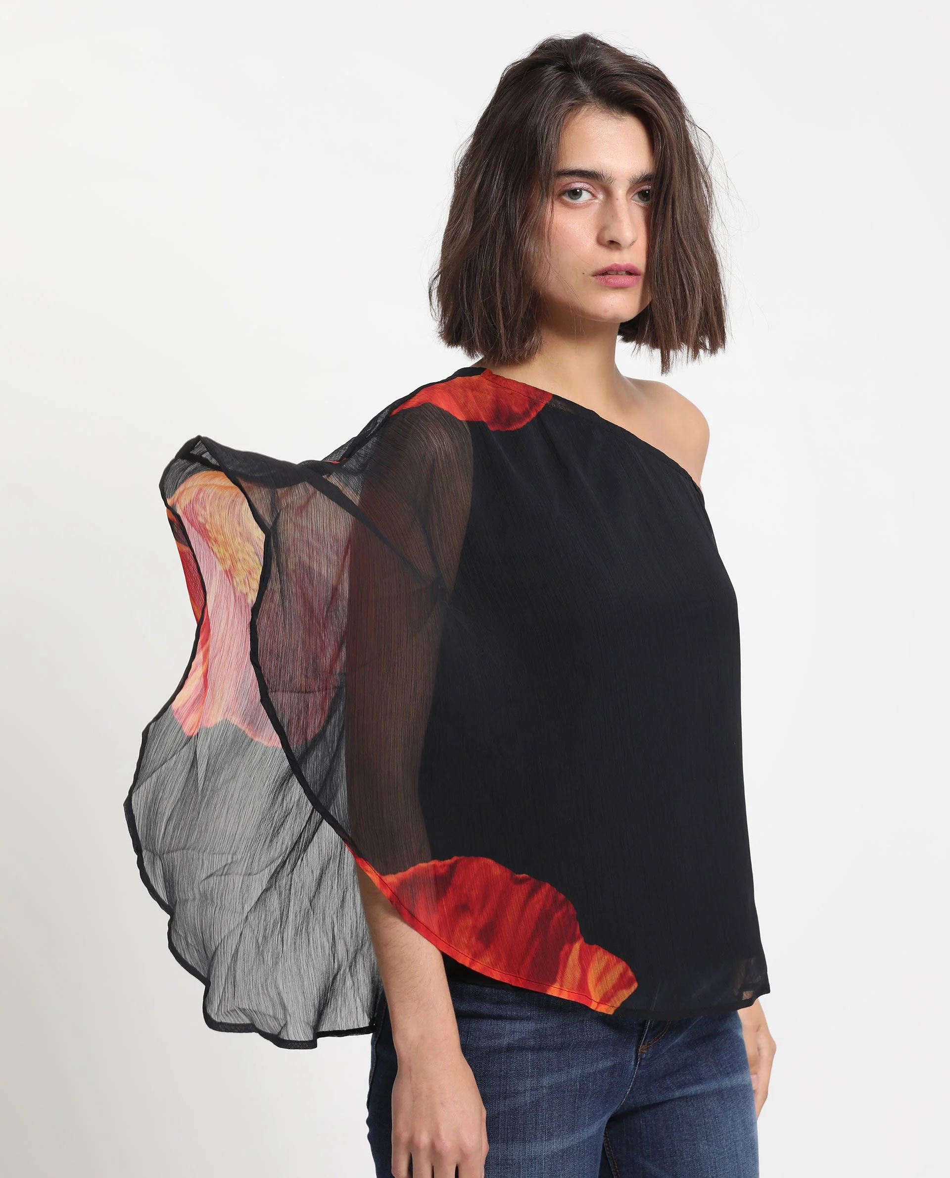 Rareism Women's Kente Black Polyester Tube Neck Floral Print Flared Sleeve Slim Fit Top - Image 11