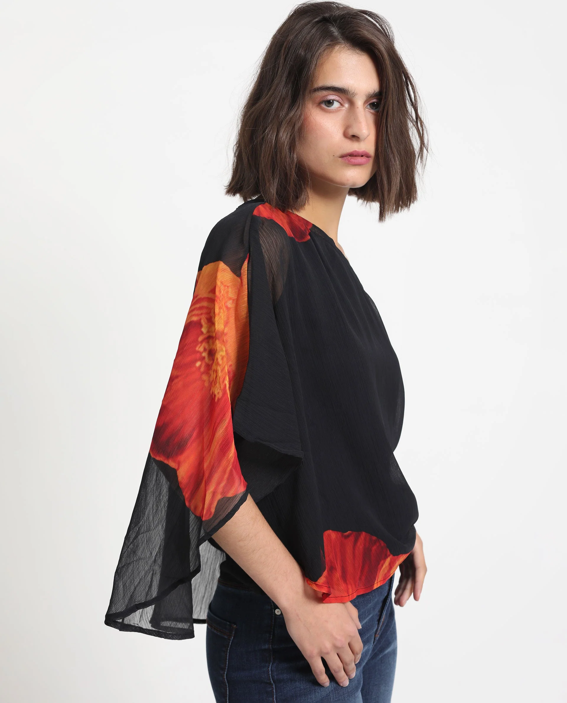 Rareism Women's Kente Black Polyester Tube Neck Floral Print Flared Sleeve Slim Fit Top - Image 12