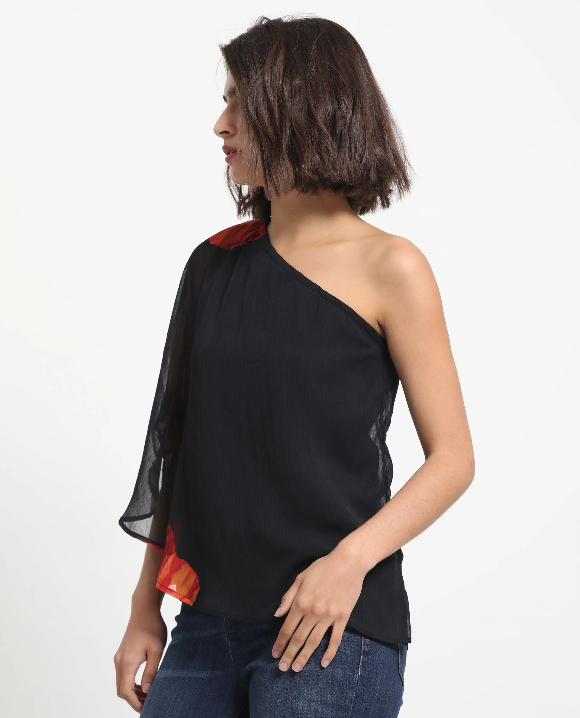 Rareism Women's Kente Black Polyester Tube Neck Floral Print Flared Sleeve Slim Fit Top - Image 13