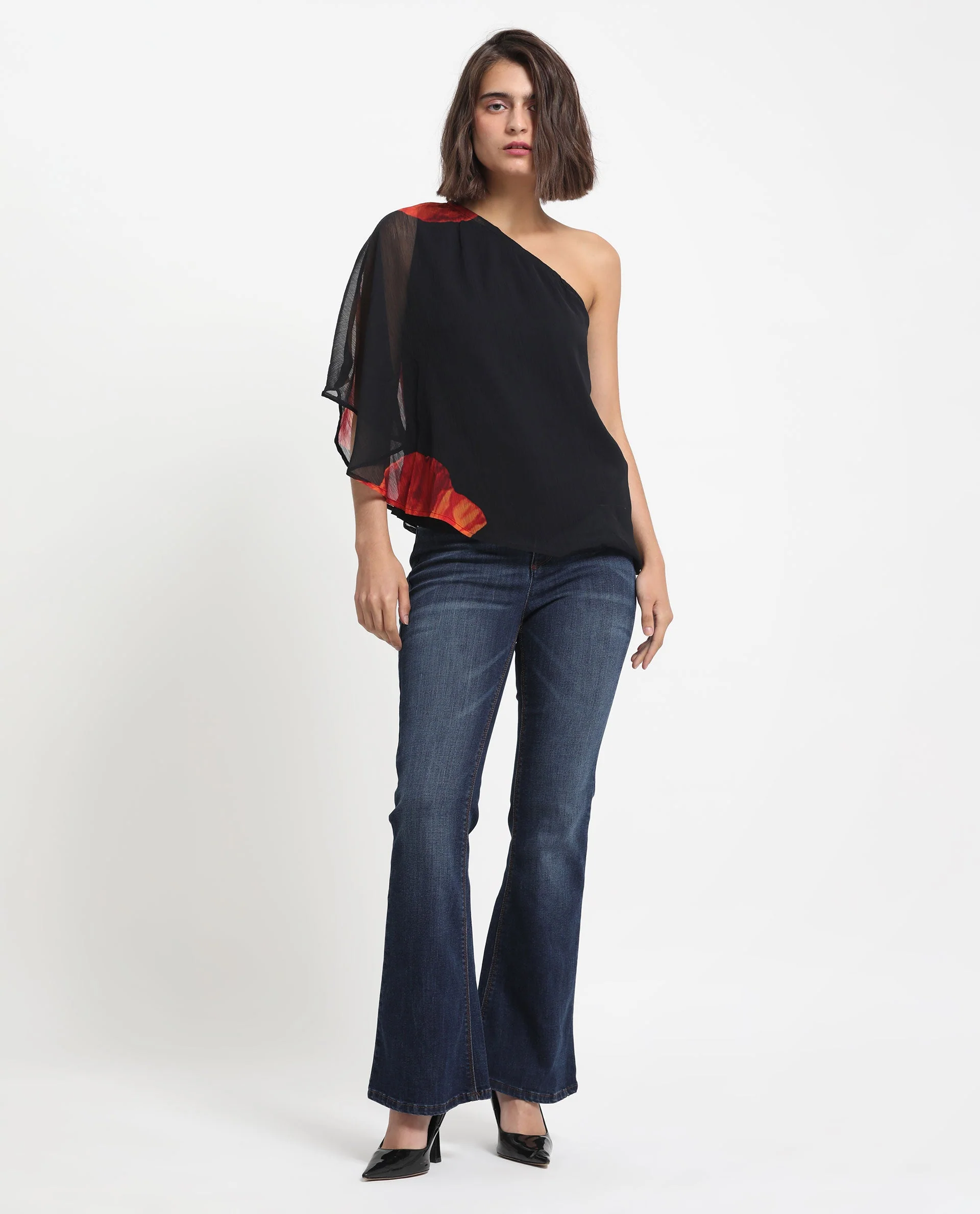 Rareism Women's Kente Black Polyester Tube Neck Floral Print Flared Sleeve Slim Fit Top - Image 2