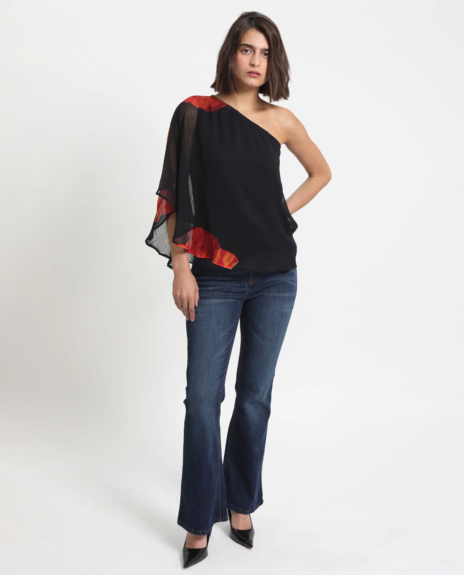 Rareism Women's Kente Black Polyester Tube Neck Floral Print Flared Sleeve Slim Fit Top - Image 3