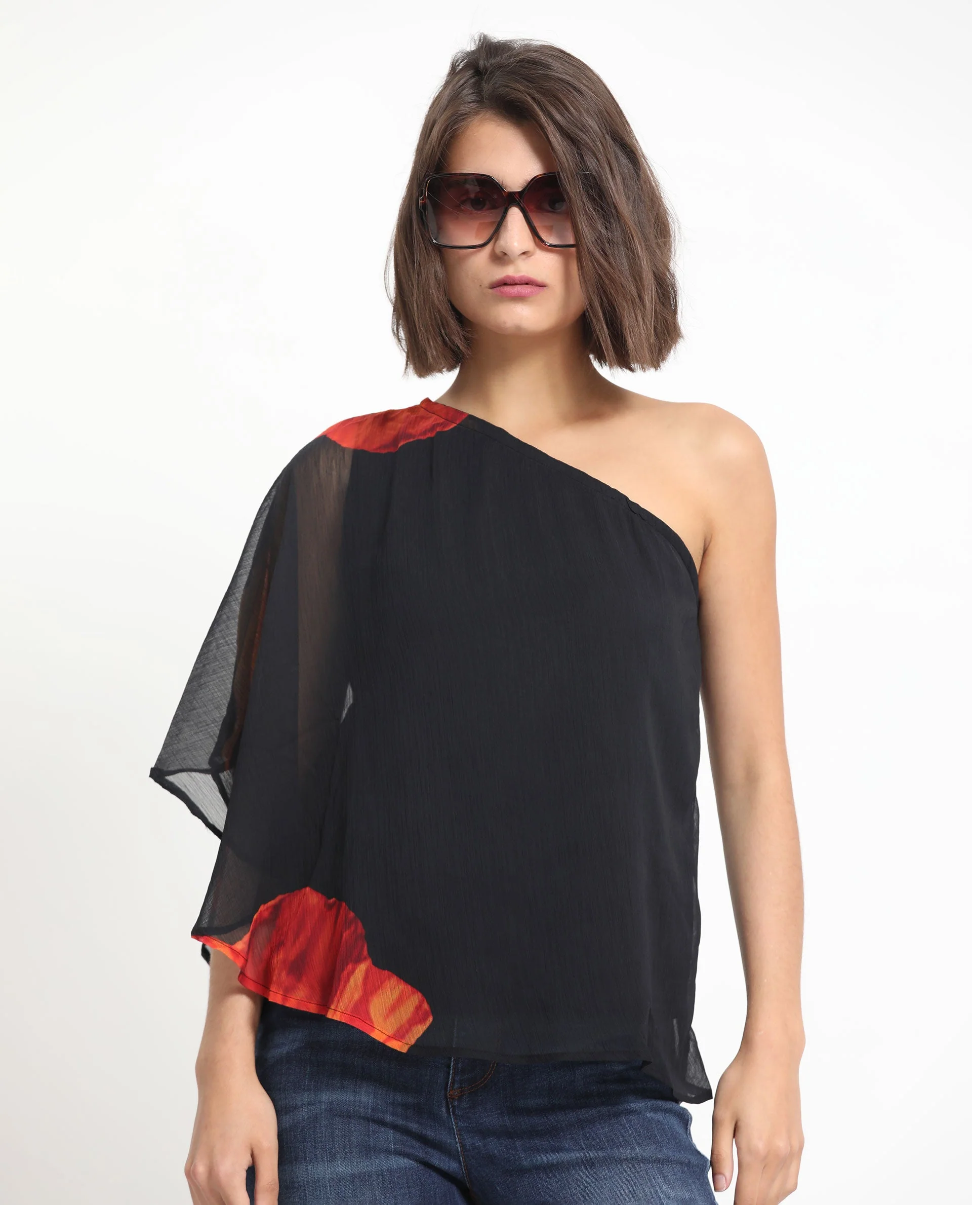 Rareism Women's Kente Black Polyester Tube Neck Floral Print Flared Sleeve Slim Fit Top - Image 5