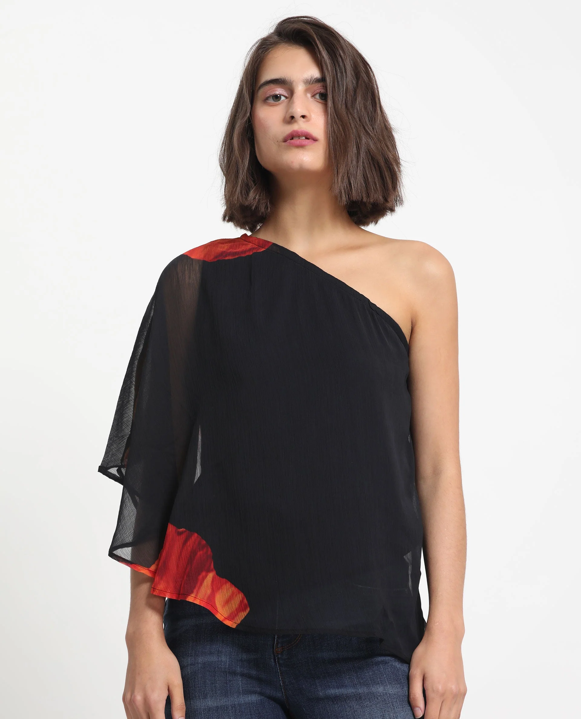 Rareism Women's Kente Black Polyester Tube Neck Floral Print Flared Sleeve Slim Fit Top - Image 6