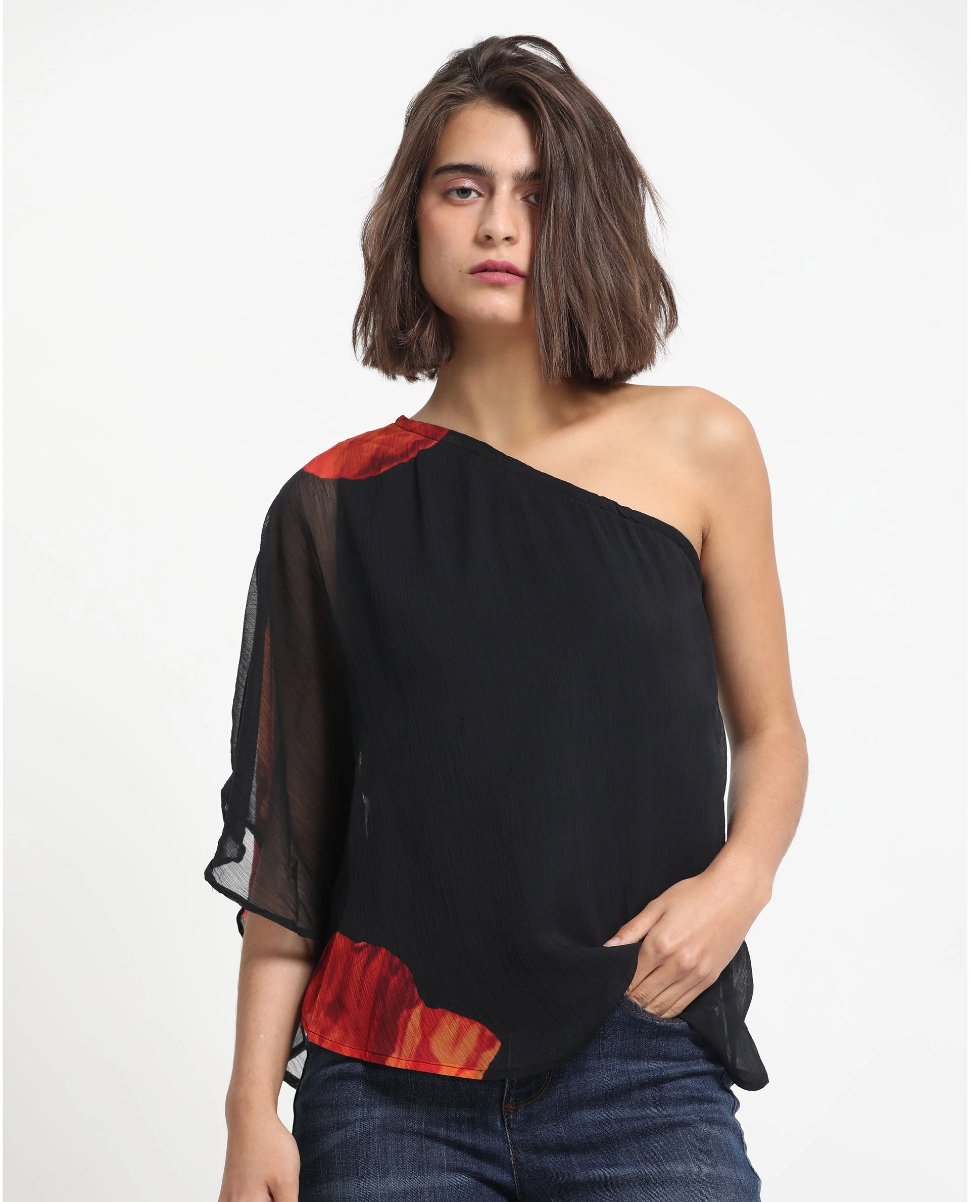 Rareism Women's Kente Black Polyester Tube Neck Floral Print Flared Sleeve Slim Fit Top - Image 7