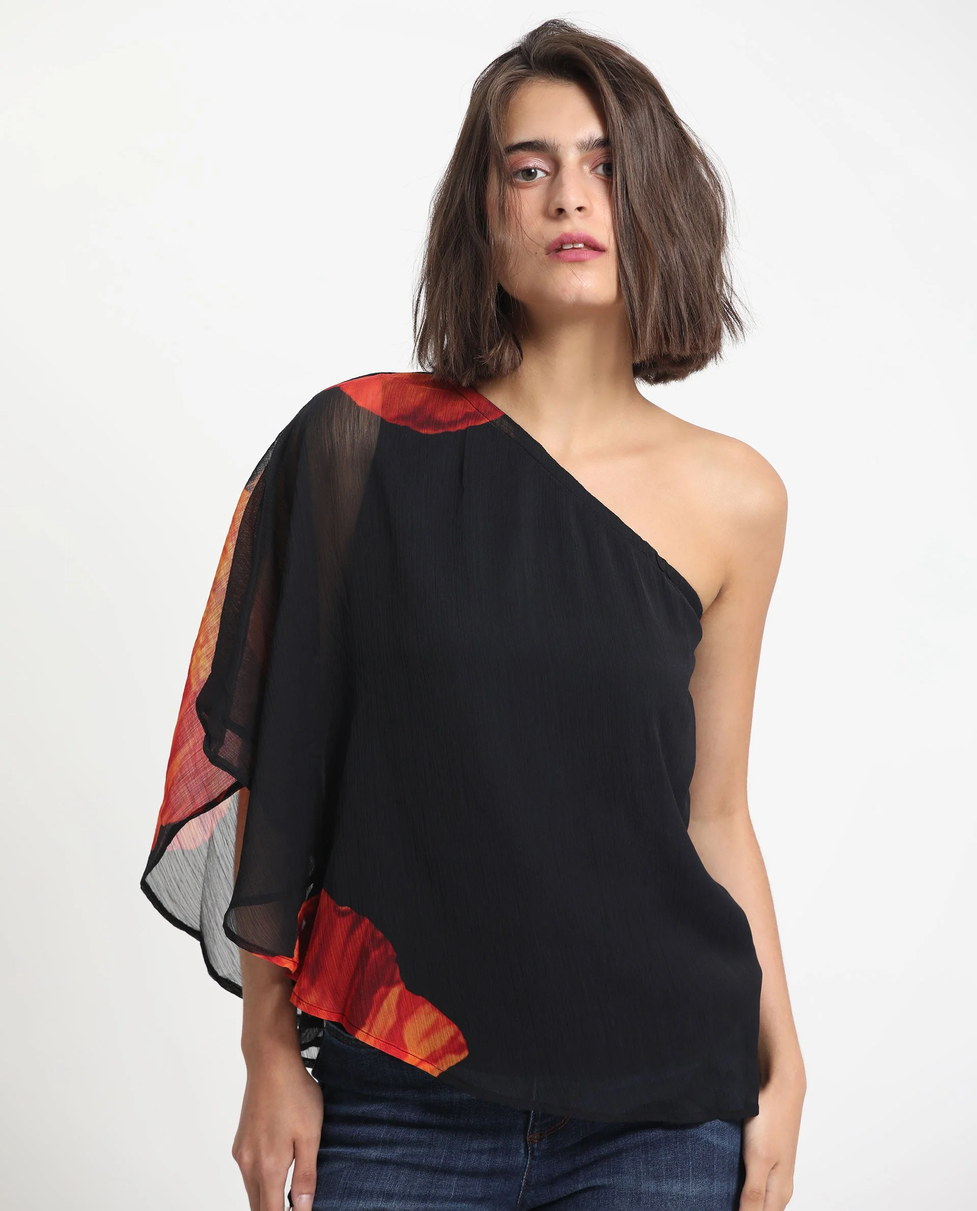 Rareism Women's Kente Black Polyester Tube Neck Floral Print Flared Sleeve Slim Fit Top - Image 9