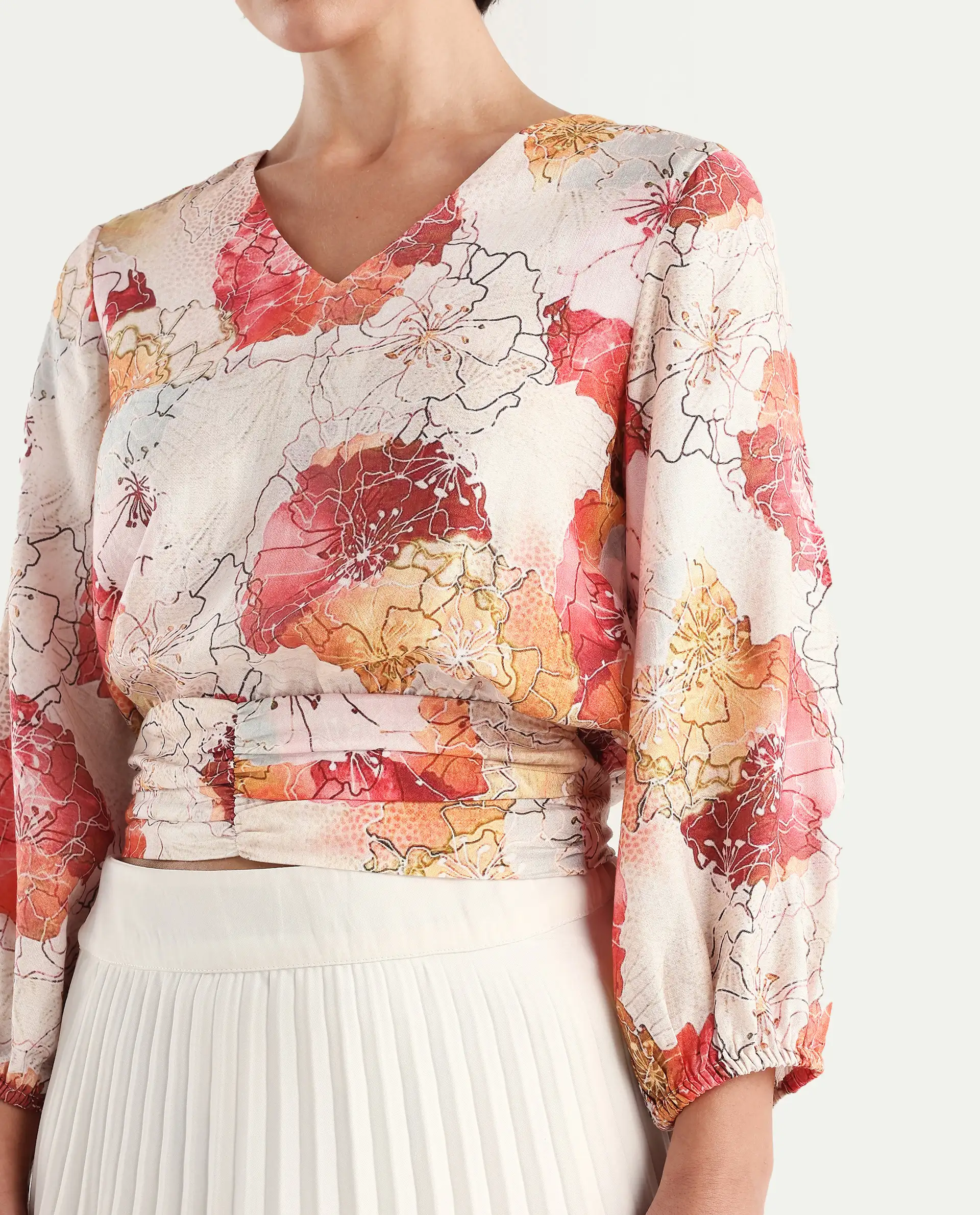 Rareism Women's Kently Multi Nylon Blend V-Neck Floral Print Bell Sleeve Crop Regular Fit Top - Image 3