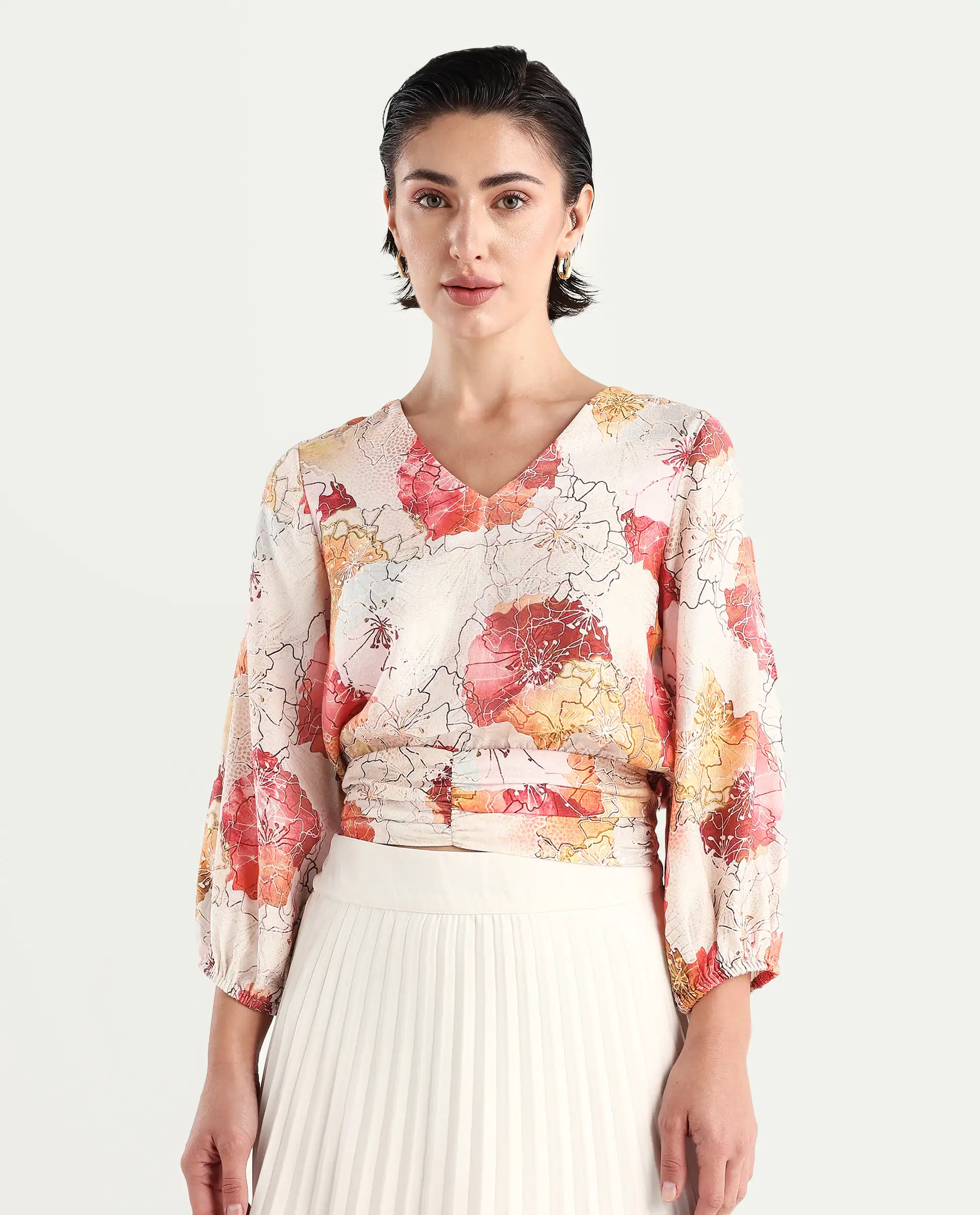 Rareism Women's Kently Multi Nylon Blend V-Neck Floral Print Bell Sleeve Crop Regular Fit Top - Image 4