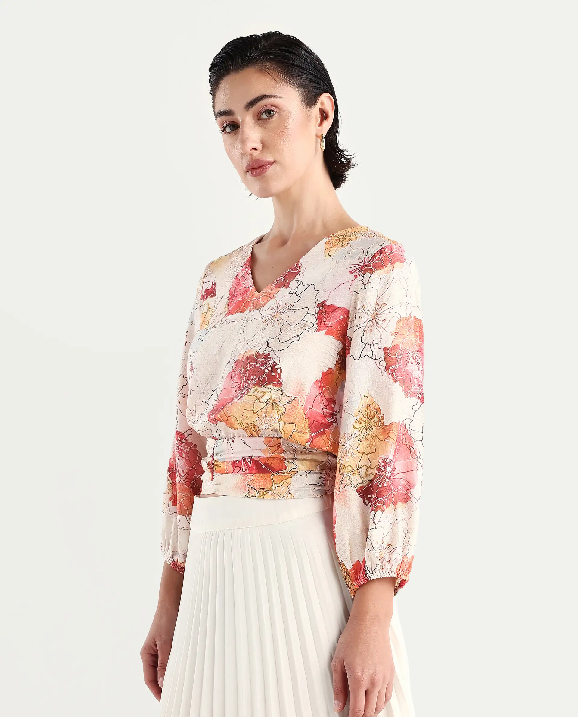 Rareism Women's Kently Multi Nylon Blend V-Neck Floral Print Bell Sleeve Crop Regular Fit Top - Image 5
