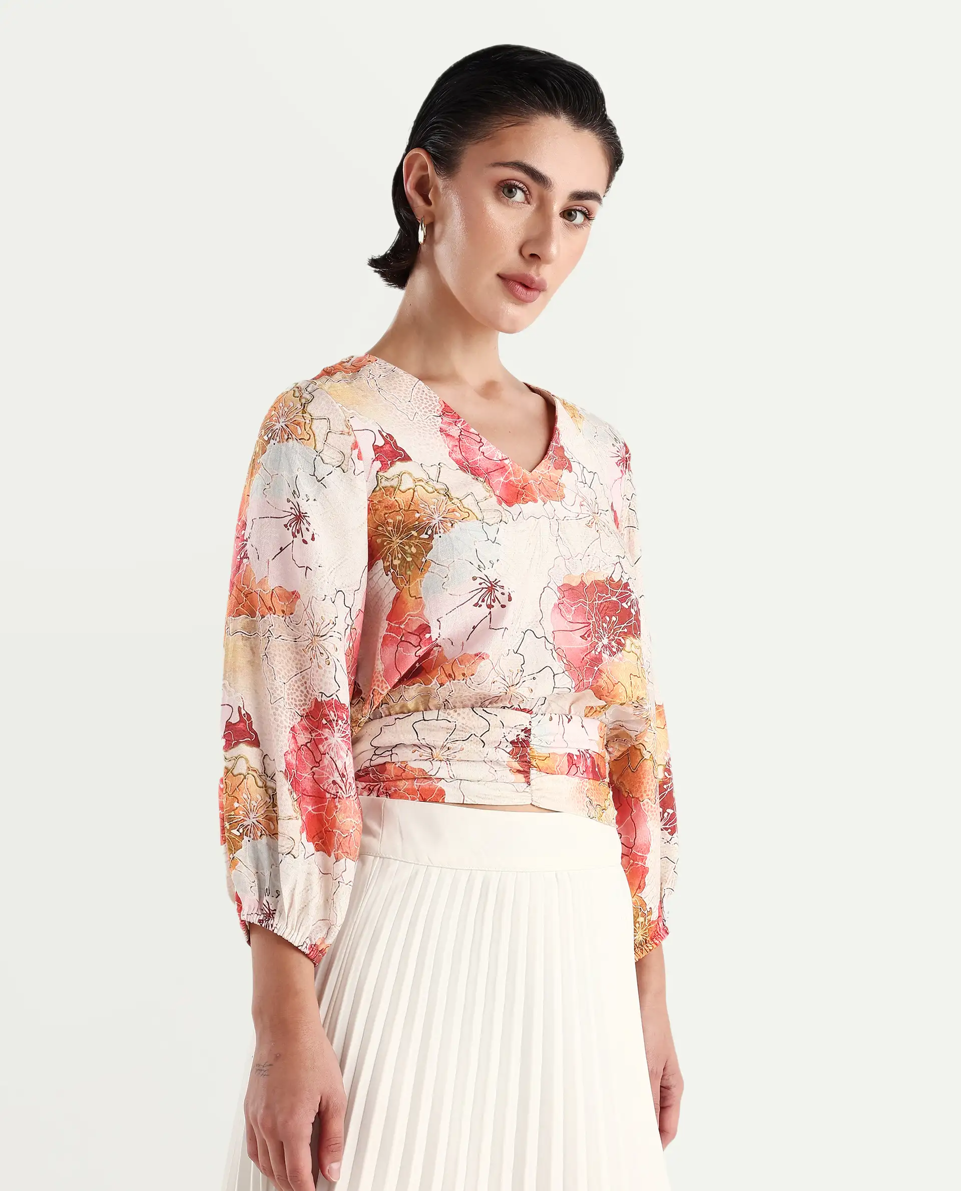 Rareism Women's Kently Multi Nylon Blend V-Neck Floral Print Bell Sleeve Crop Regular Fit Top - Image 6