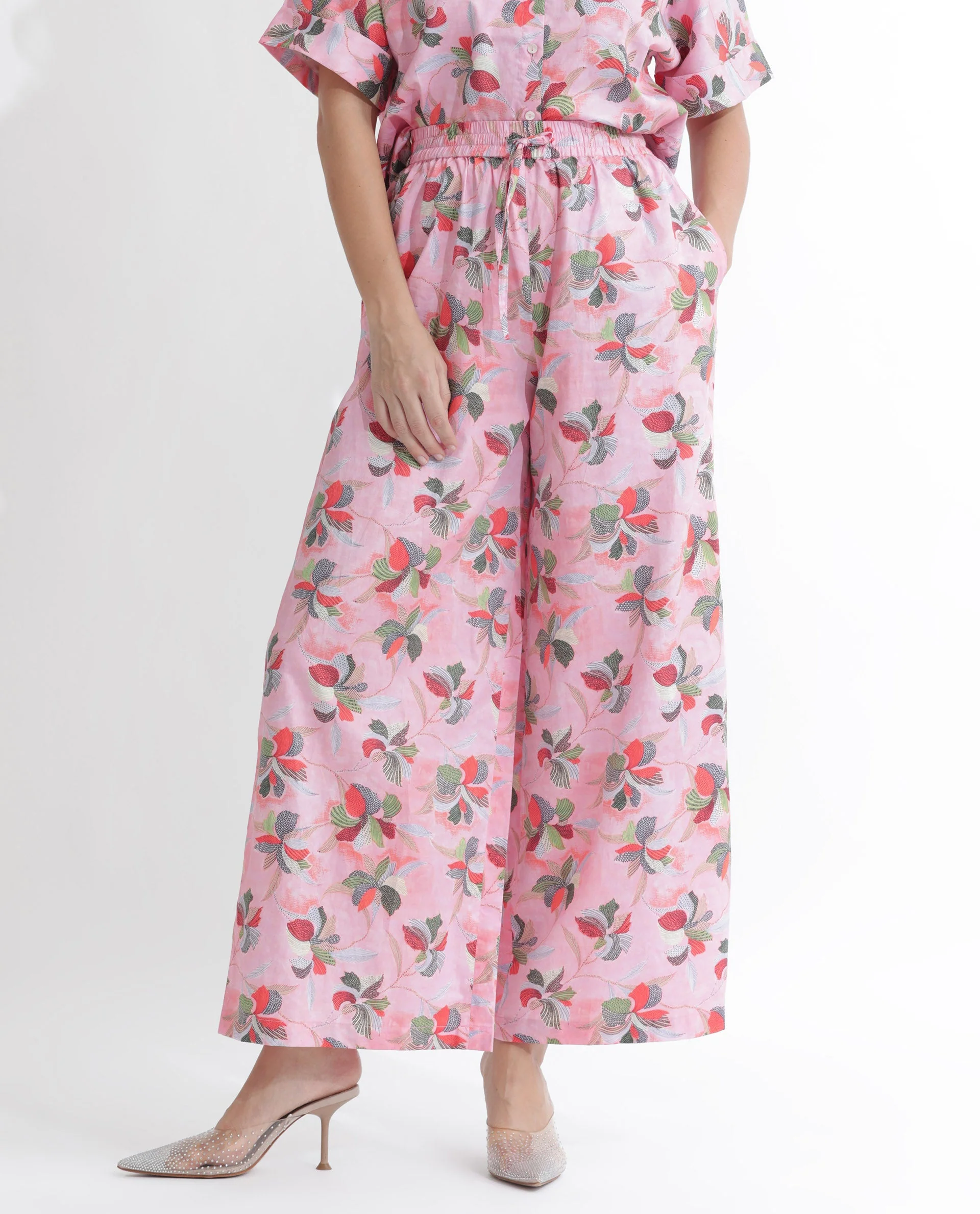 Rareism Women's Kentoy-B Light Pink Cotton Floral Print Ankle Length Flared Trouser - Image 12