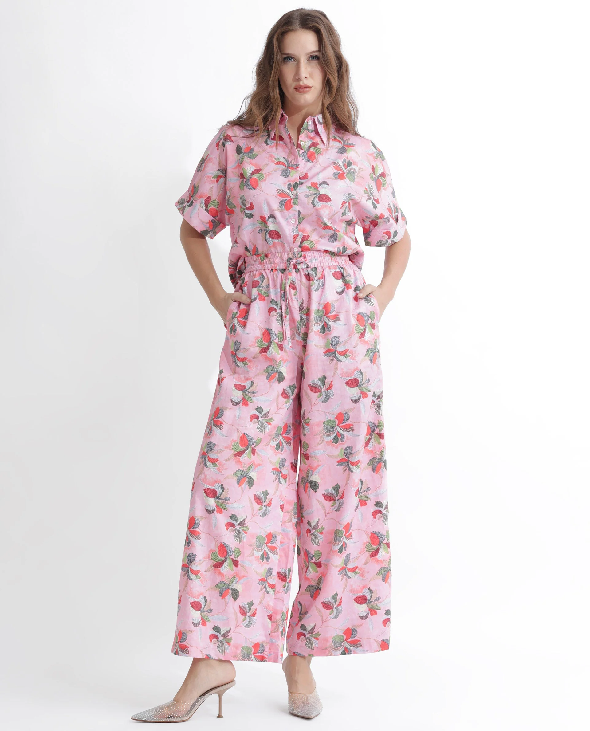 Rareism Women's Kentoy-B Light Pink Cotton Floral Print Ankle Length Flared Trouser - Image 2