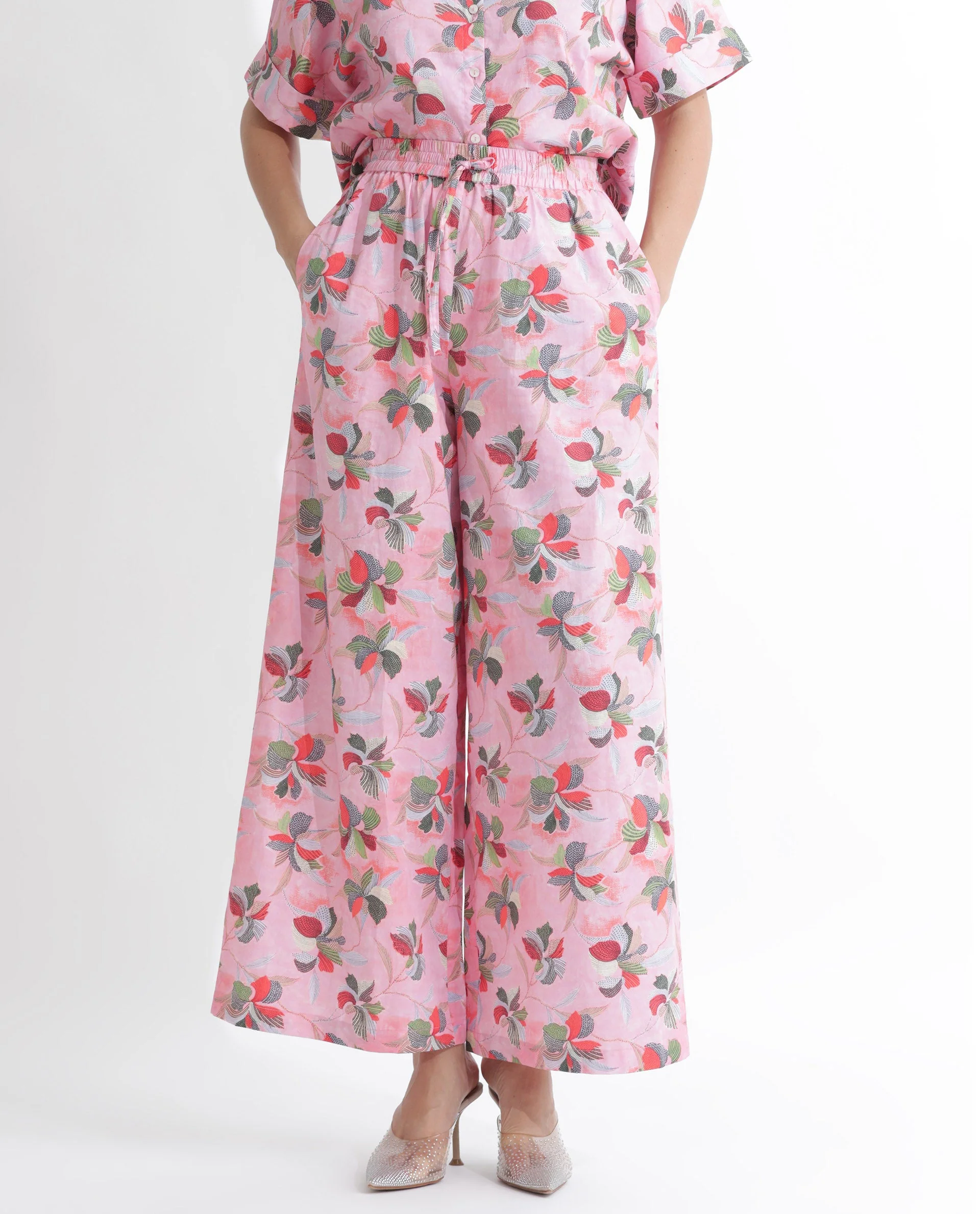 Rareism Women's Kentoy-B Light Pink Cotton Floral Print Ankle Length Flared Trouser - Image 3