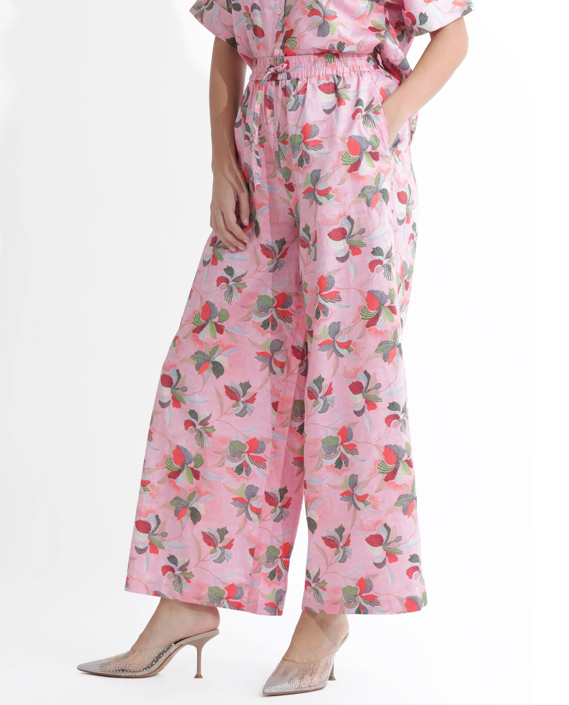 Rareism Women's Kentoy-B Light Pink Cotton Floral Print Ankle Length Flared Trouser - Image 5