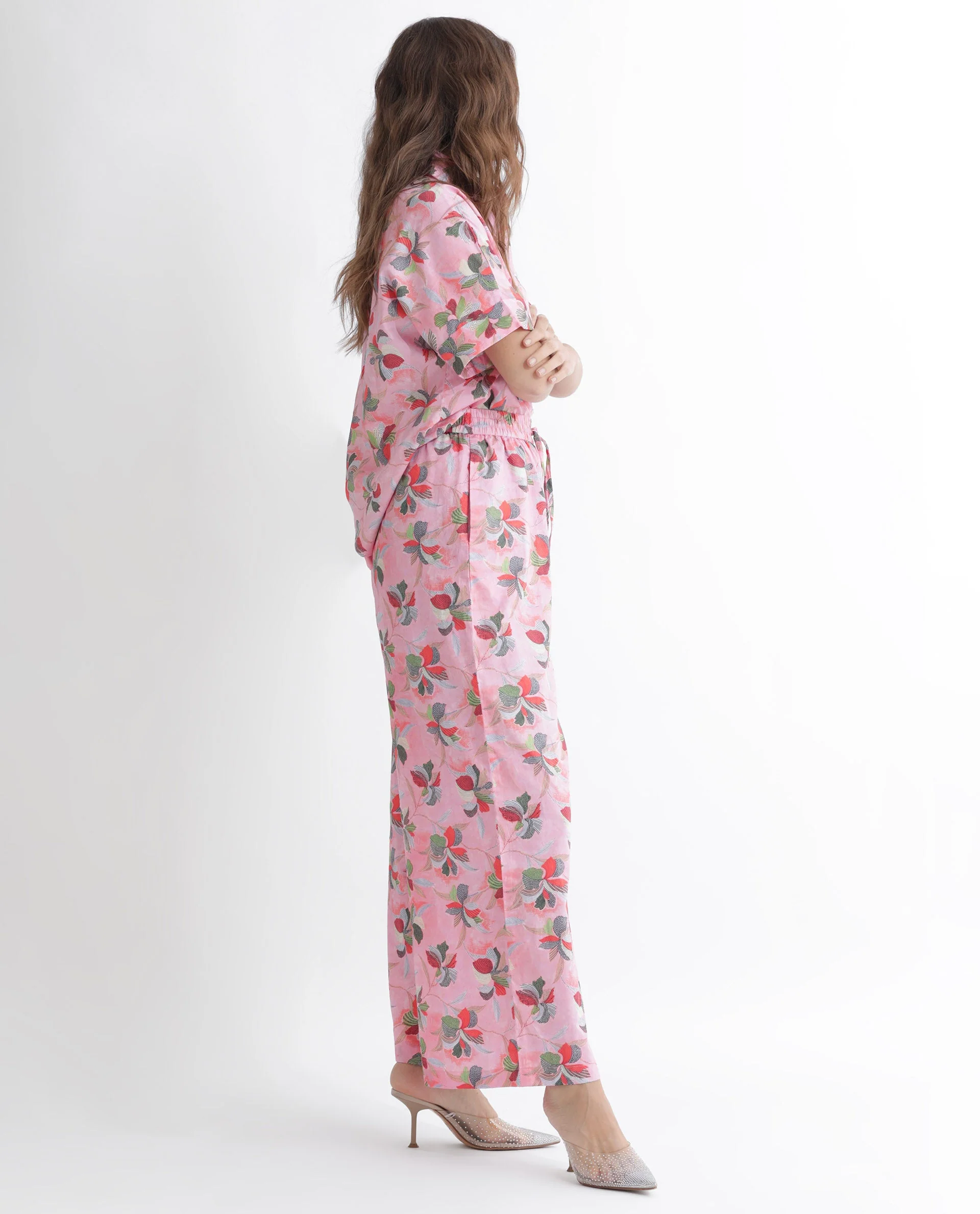 Rareism Women's Kentoy-B Light Pink Cotton Floral Print Ankle Length Flared Trouser - Image 7
