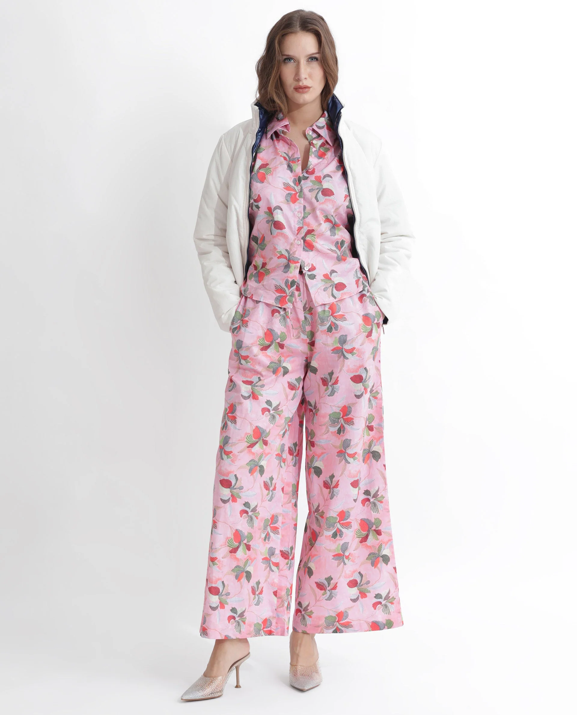 Rareism Women's Kentoy-B Light Pink Cotton Floral Print Ankle Length Flared Trouser - Image 9