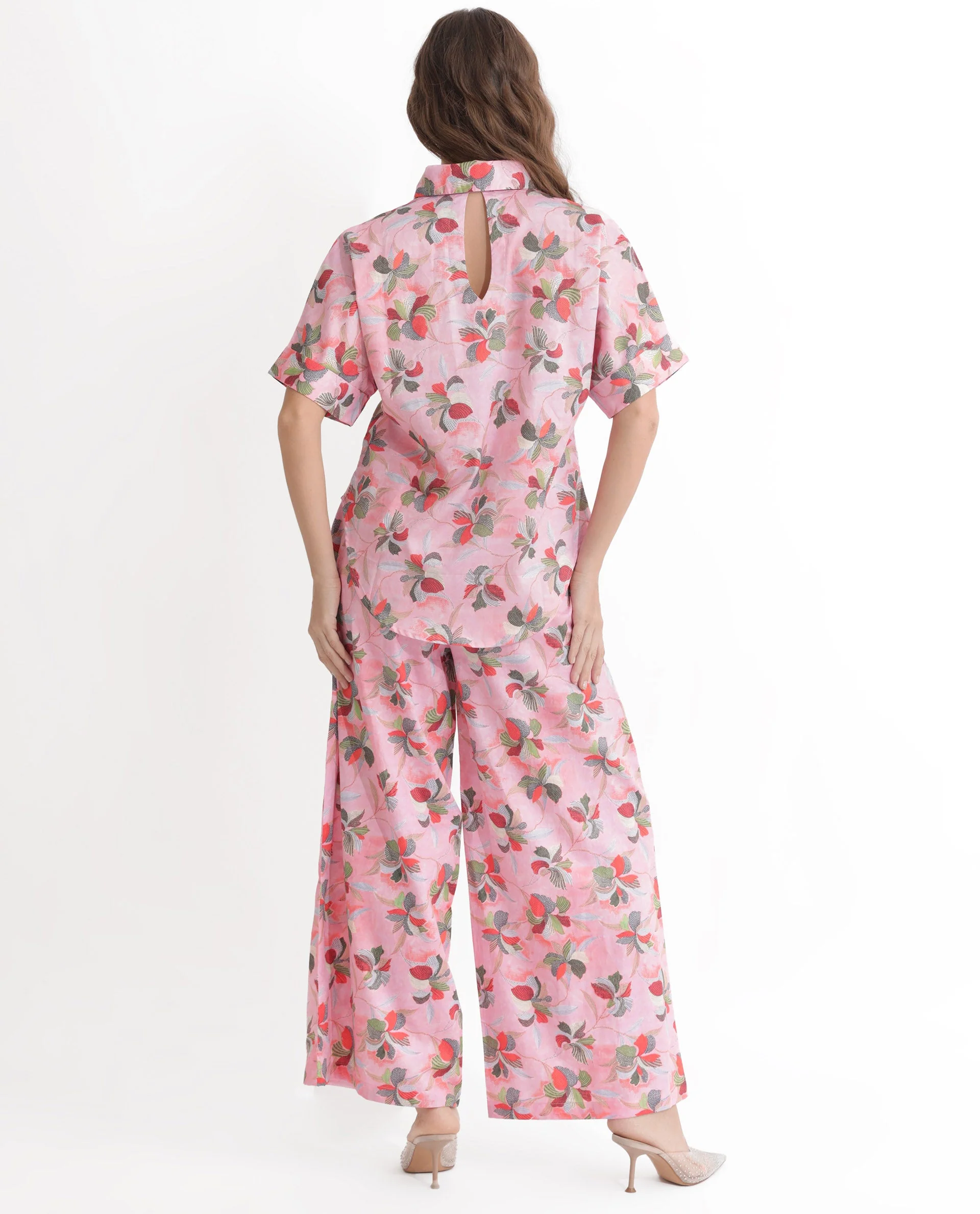 Rareism Women's Kentoy-T Light Pink Cotton Spread Collar Floral Print Extended Sleeves Regular Fit Top - Image 10