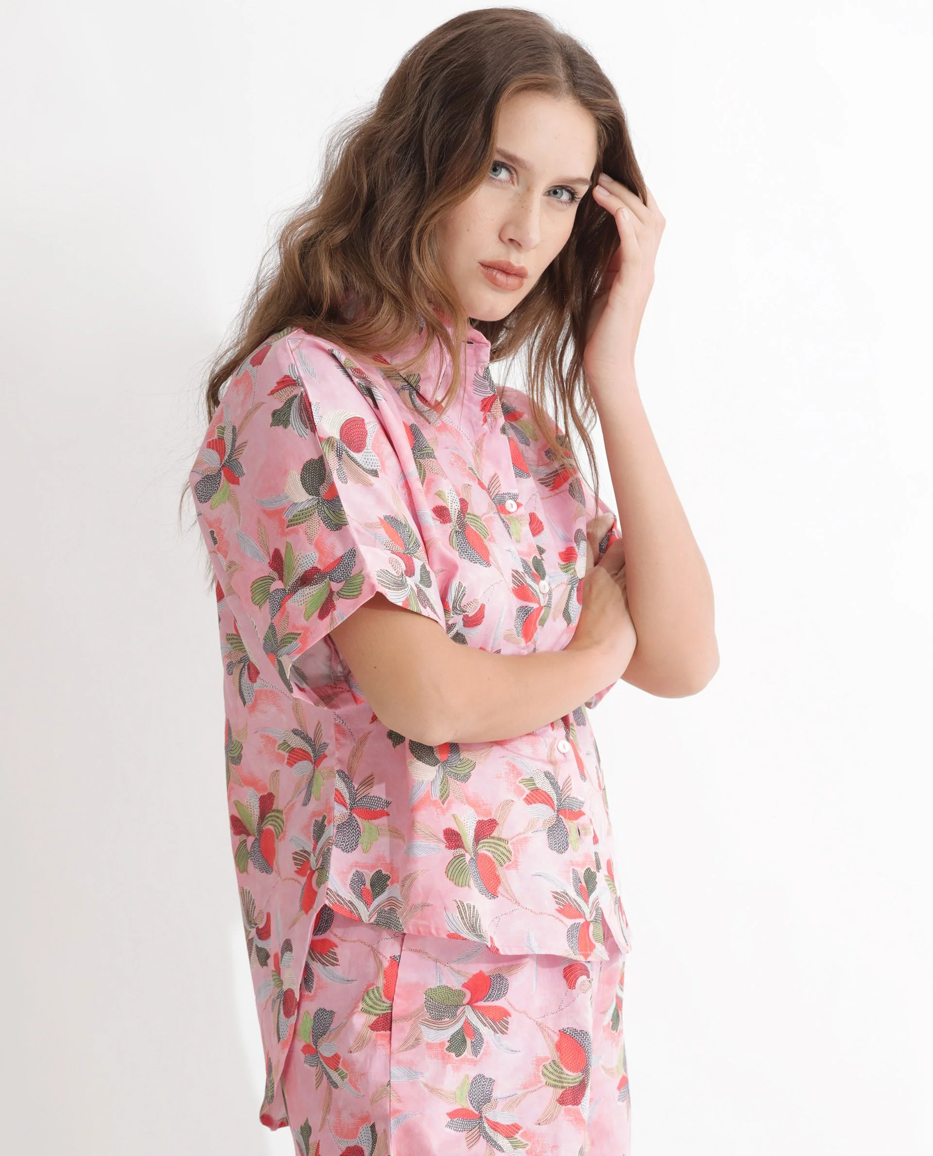 Rareism Women's Kentoy-T Light Pink Cotton Spread Collar Floral Print Extended Sleeves Regular Fit Top - Image 3