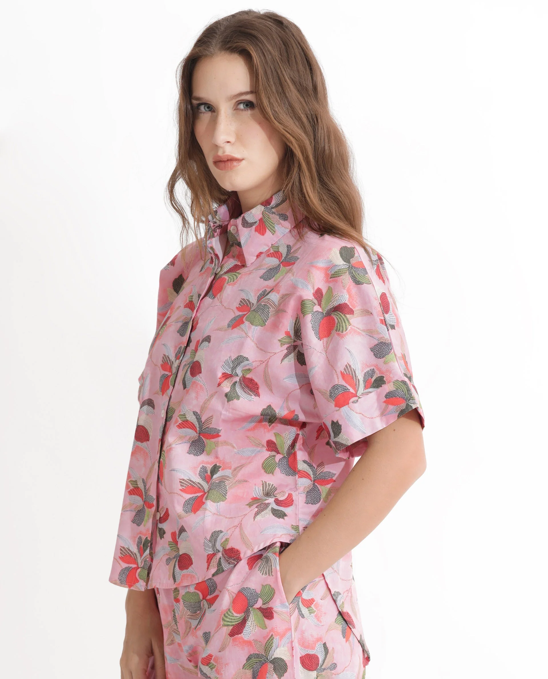 Rareism Women's Kentoy-T Light Pink Cotton Spread Collar Floral Print Extended Sleeves Regular Fit Top - Image 4