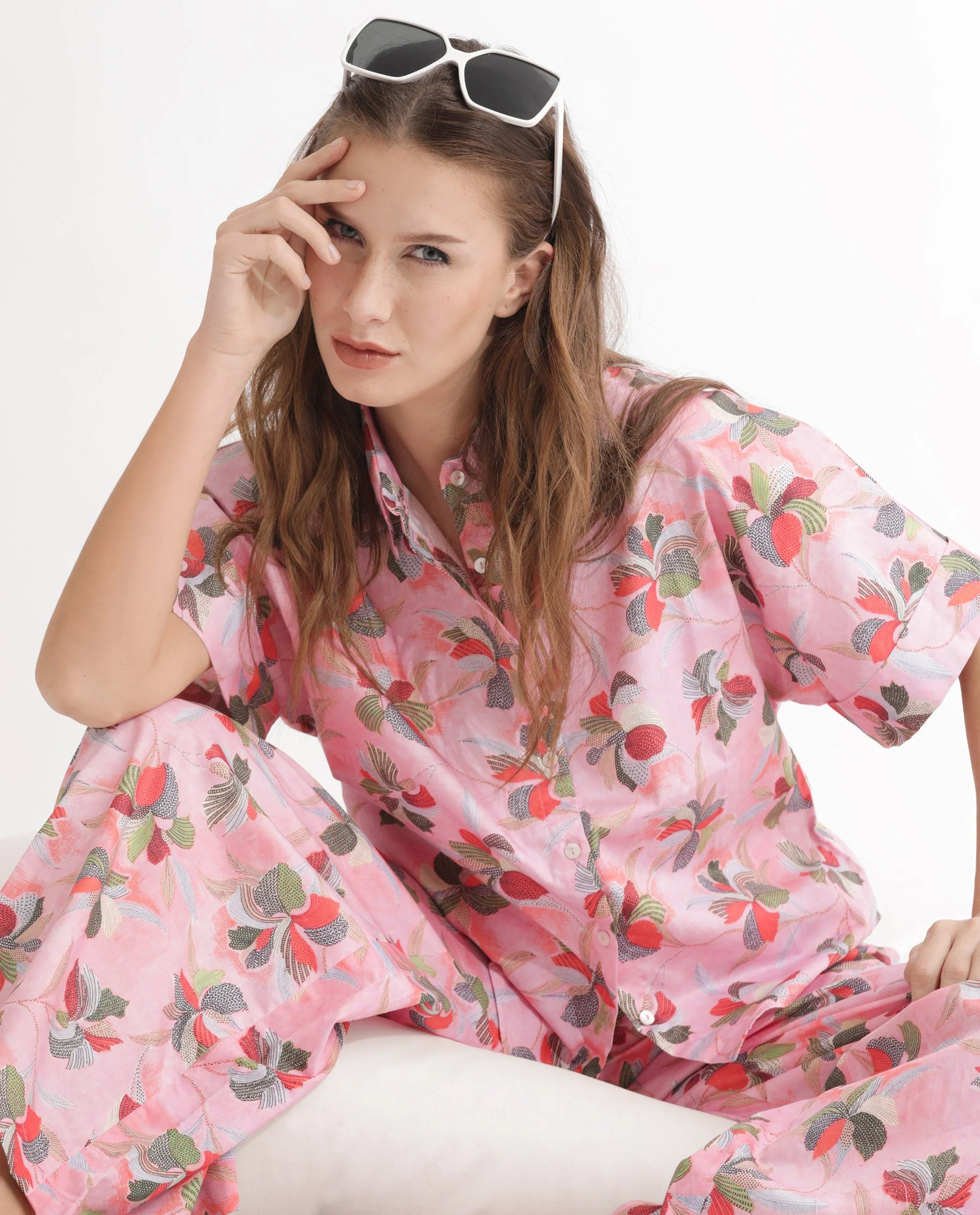 Rareism Women's Kentoy-T Light Pink Cotton Spread Collar Floral Print Extended Sleeves Regular Fit Top - Image 5