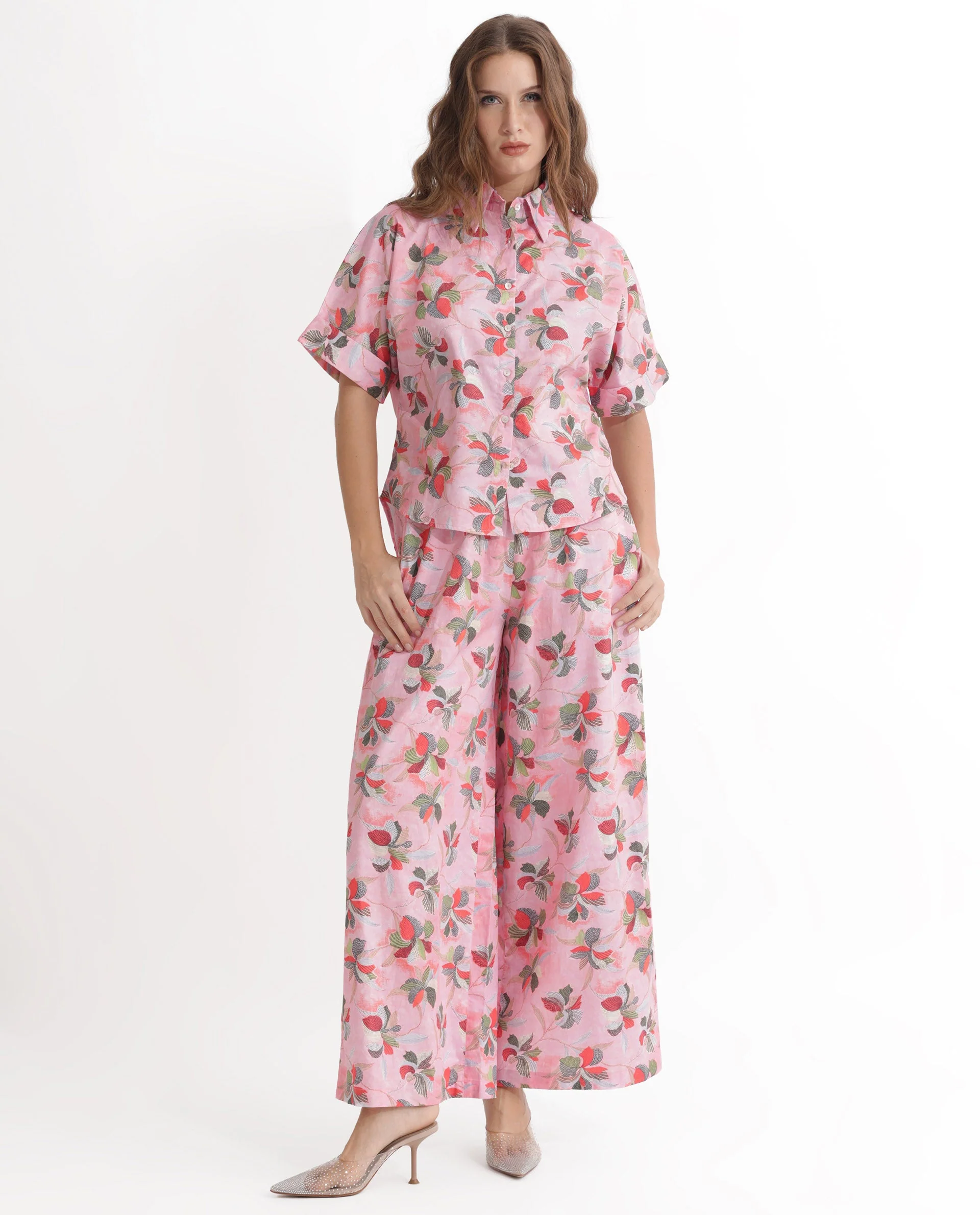 Rareism Women's Kentoy-T Light Pink Cotton Spread Collar Floral Print Extended Sleeves Regular Fit Top - Image 6