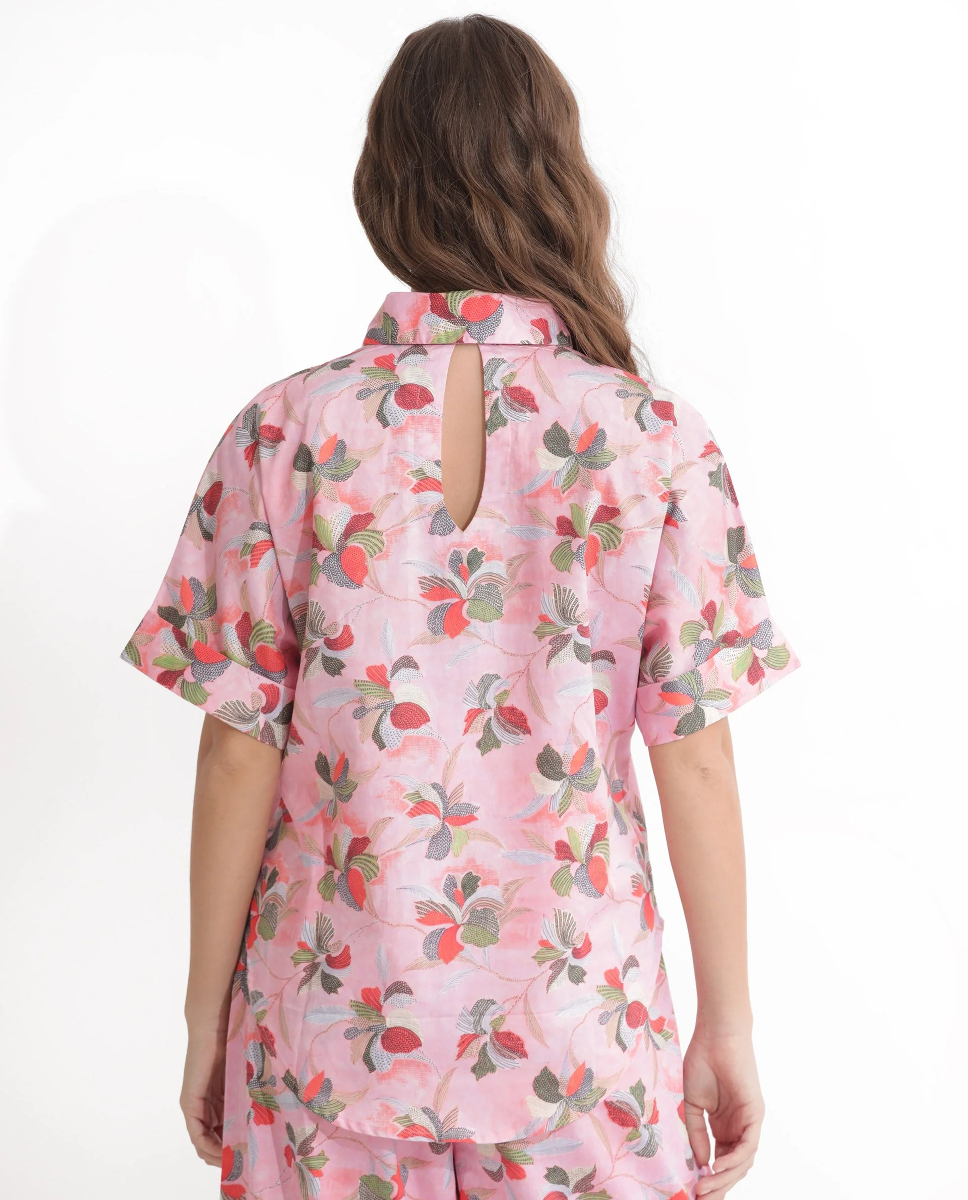Rareism Women's Kentoy-T Light Pink Cotton Spread Collar Floral Print Extended Sleeves Regular Fit Top - Image 8