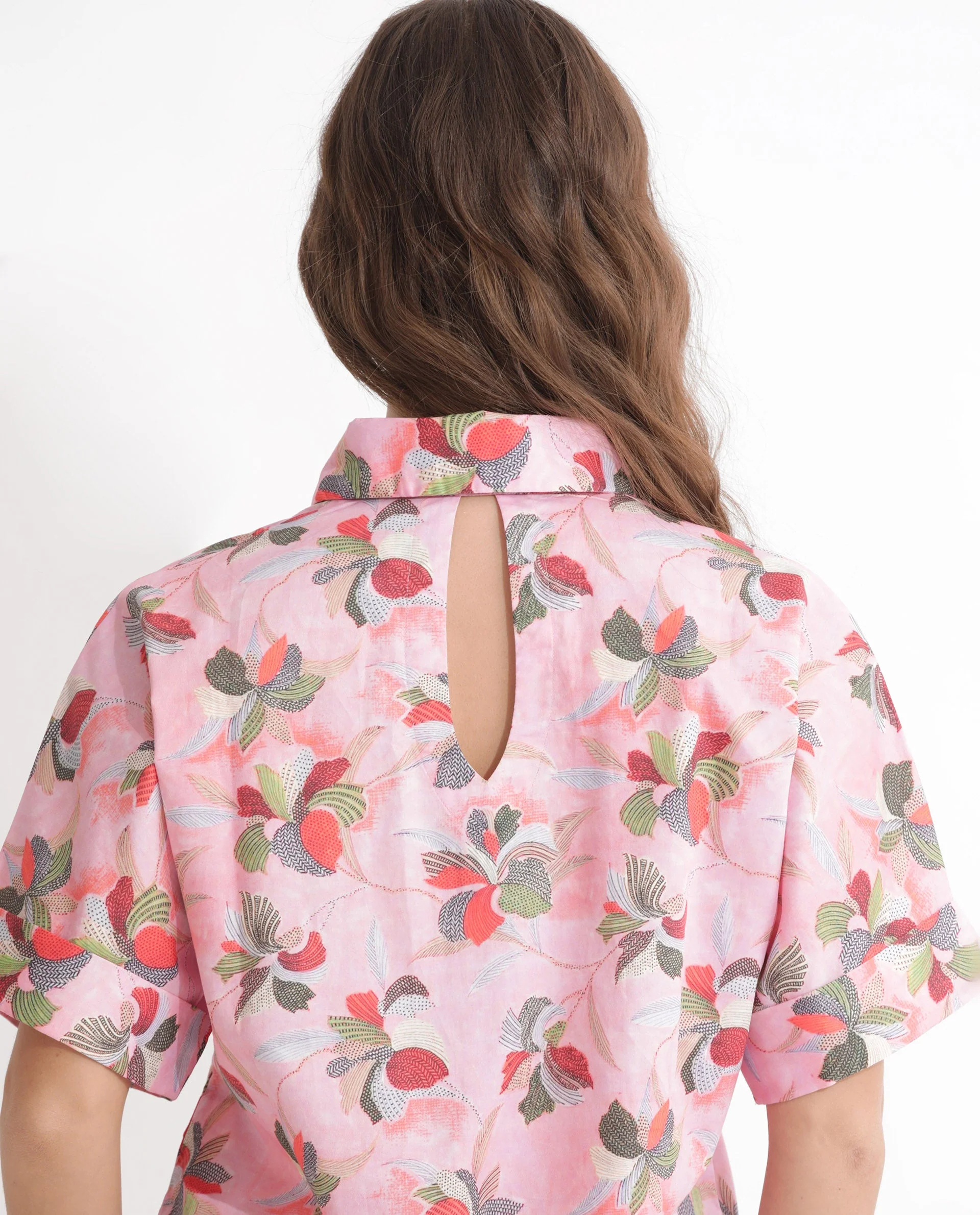 Rareism Women's Kentoy-T Light Pink Cotton Spread Collar Floral Print Extended Sleeves Regular Fit Top - Image 9