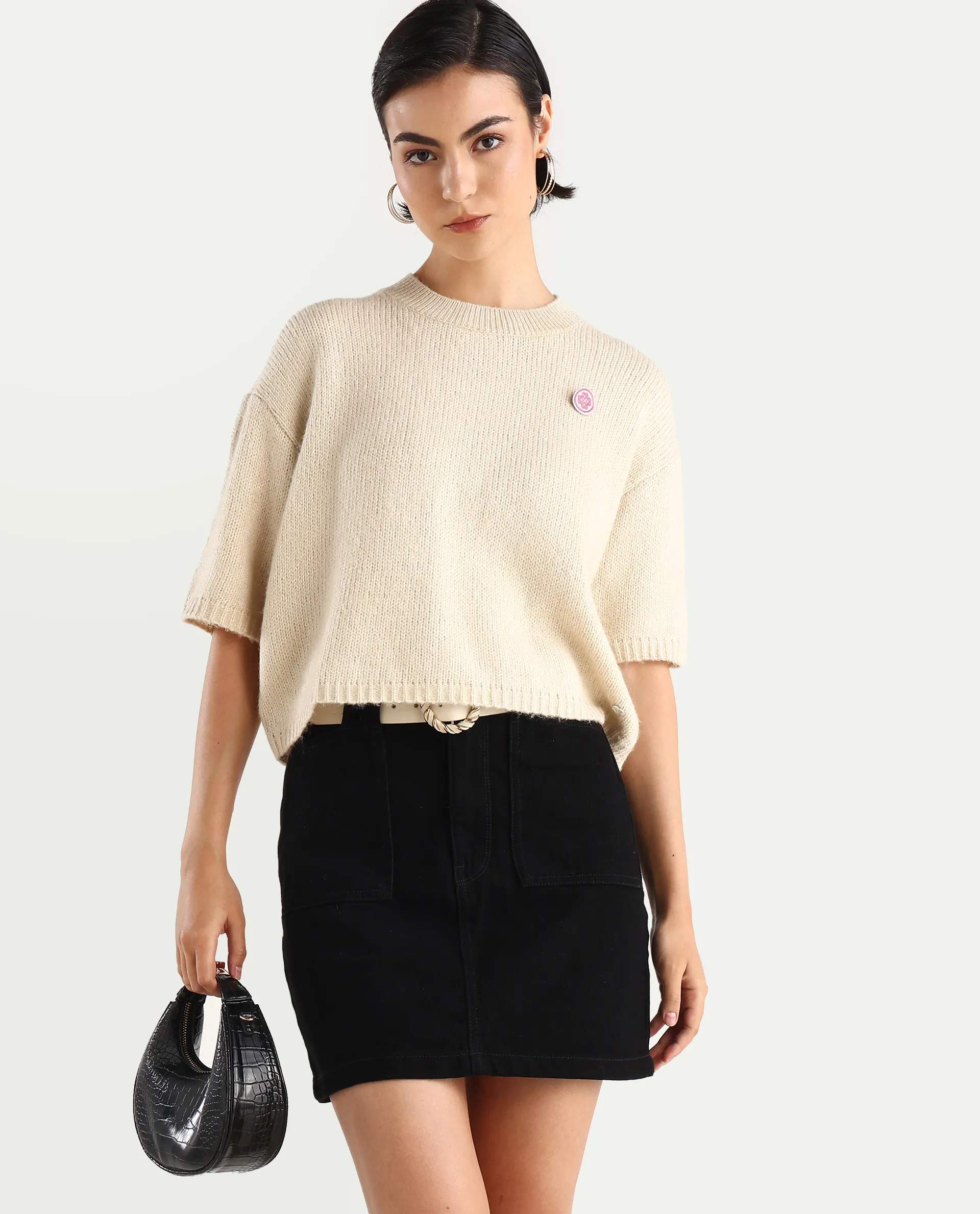 Rareism Women's Kenty Light Beige Acrylic Crew Neck Striped Crop Relaxed Fit Sweater